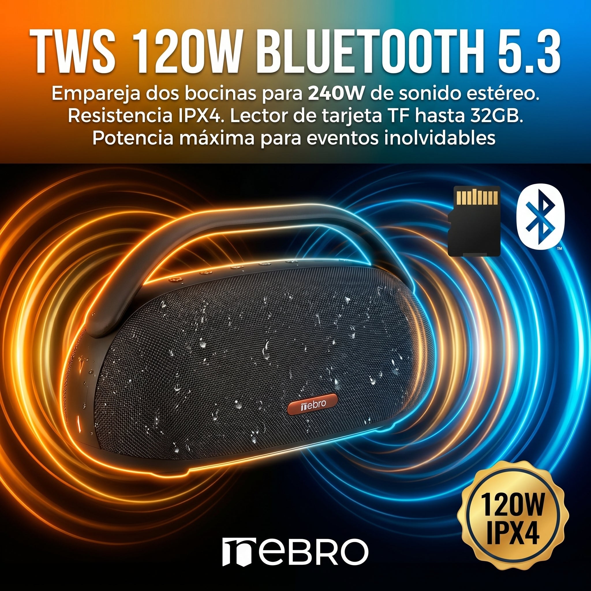 Bocina Bluetooth TWS NEBRO WG141 Bluetooth 53 120W IPX4 - Imagen 5