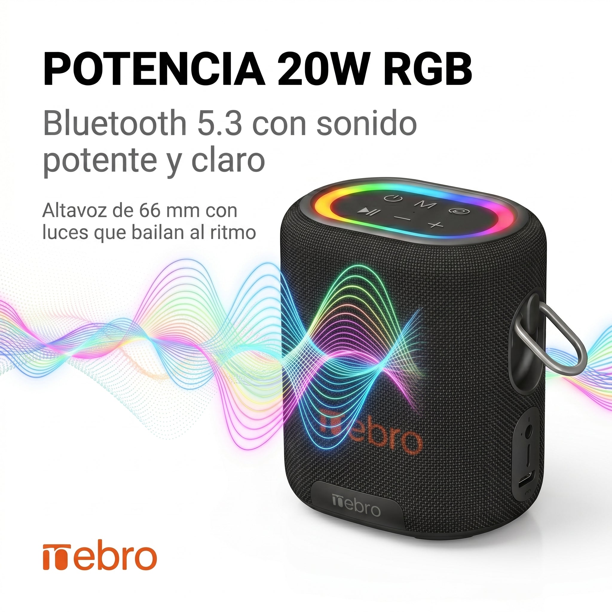 Bocina Inalámbrica Nebro WG-137 Bluetooth 5.3 20W de Potencia Sonido Envolvente 66mm Batería 4000mAh 8 Horas de Reproducción Luz RGB TWS TF y Auxiliar - Imagen 2