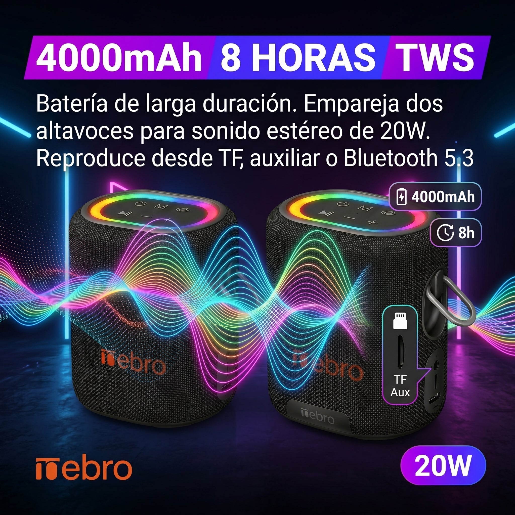 Bocina Inalámbrica Nebro WG-137 Bluetooth 5.3 20W de Potencia Sonido Envolvente 66mm Batería 4000mAh 8 Horas de Reproducción Luz RGB TWS TF y Auxiliar - Imagen 4