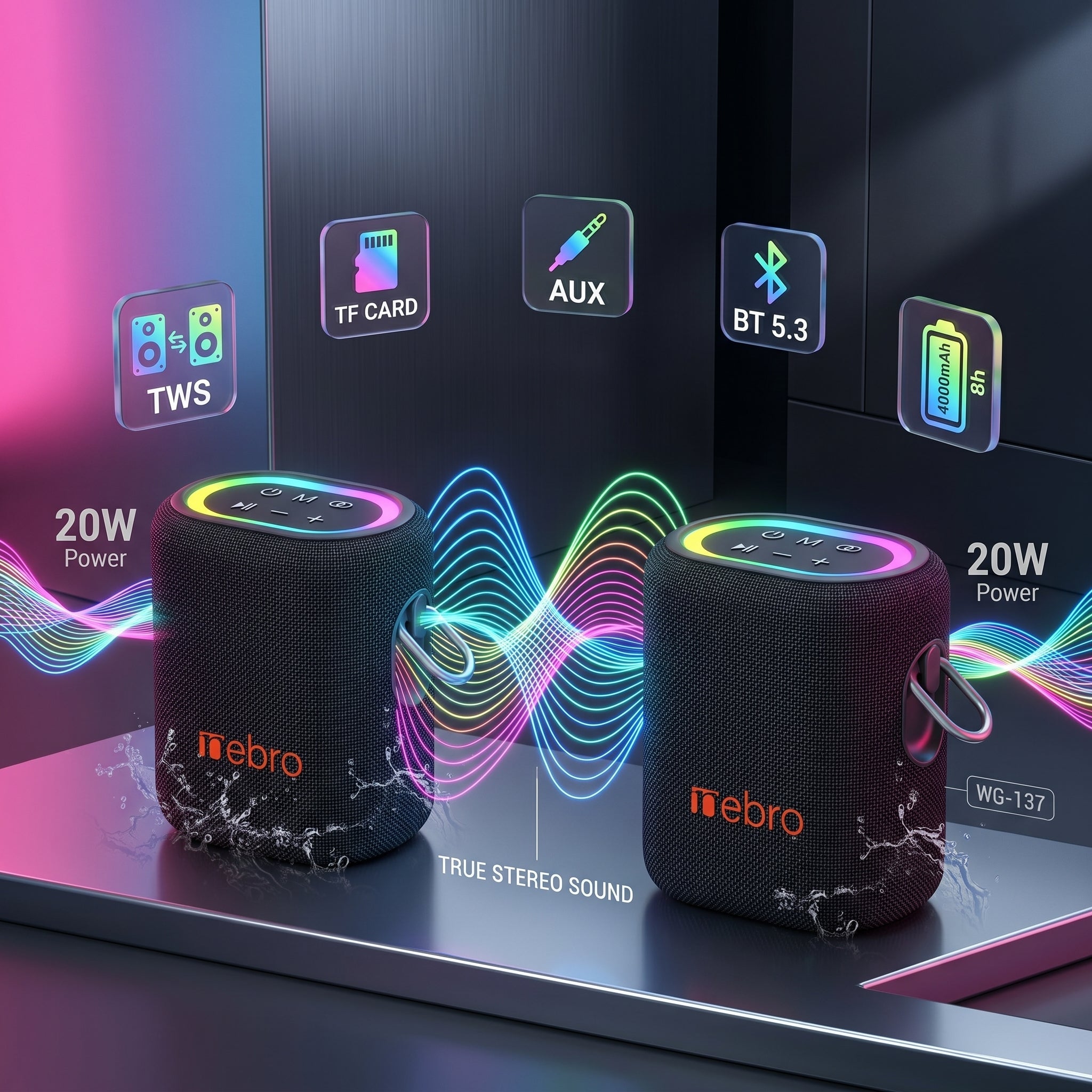 Bocina Inalámbrica Nebro WG-137 Bluetooth 5.3 20W de Potencia Sonido Envolvente 66mm Batería 4000mAh 8 Horas de Reproducción Luz RGB TWS TF y Auxiliar - Imagen 6