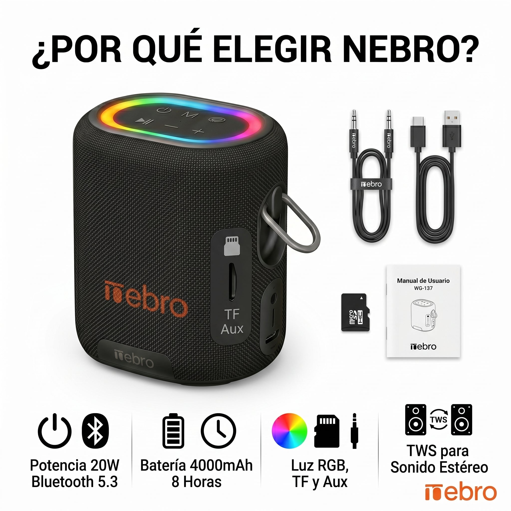Bocina Inalámbrica Nebro WG-137 Bluetooth 5.3 20W de Potencia Sonido Envolvente 66mm Batería 4000mAh 8 Horas de Reproducción Luz RGB TWS TF y Auxiliar - Imagen 7