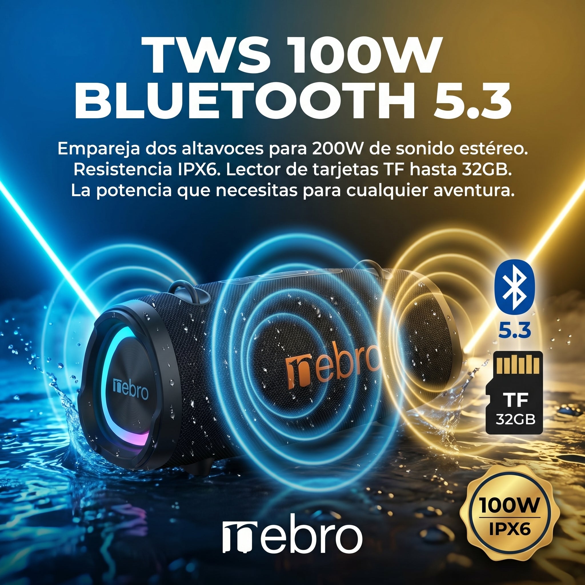 Bocina Bluetooth TWS NEBRO WG143 Bluetooth 53 100W IPX6 - Imagen 3