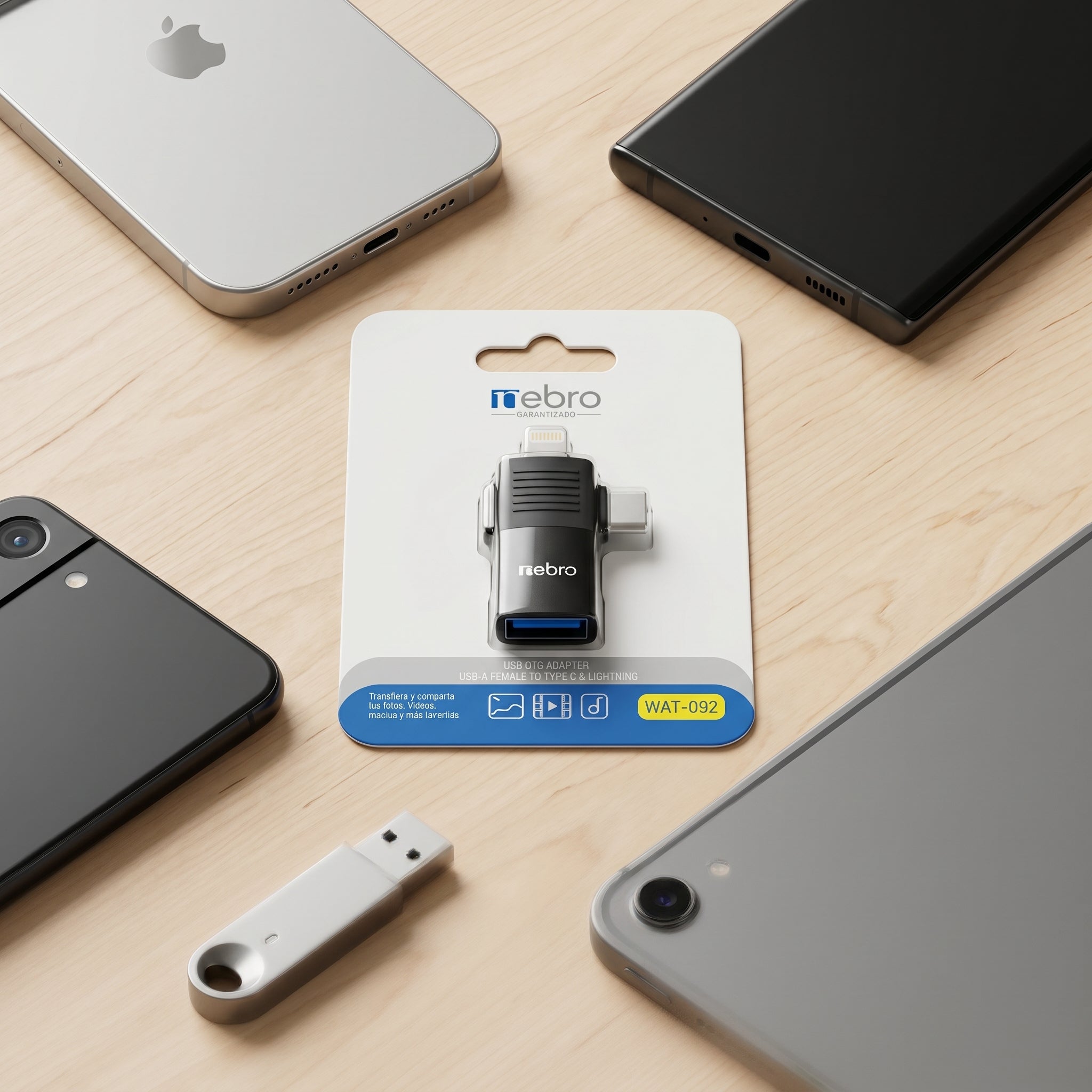 Adaptador USB OTG Nebro WAT-092 USB-A Hembra a Tipo-C y Lightning - Imagen 3