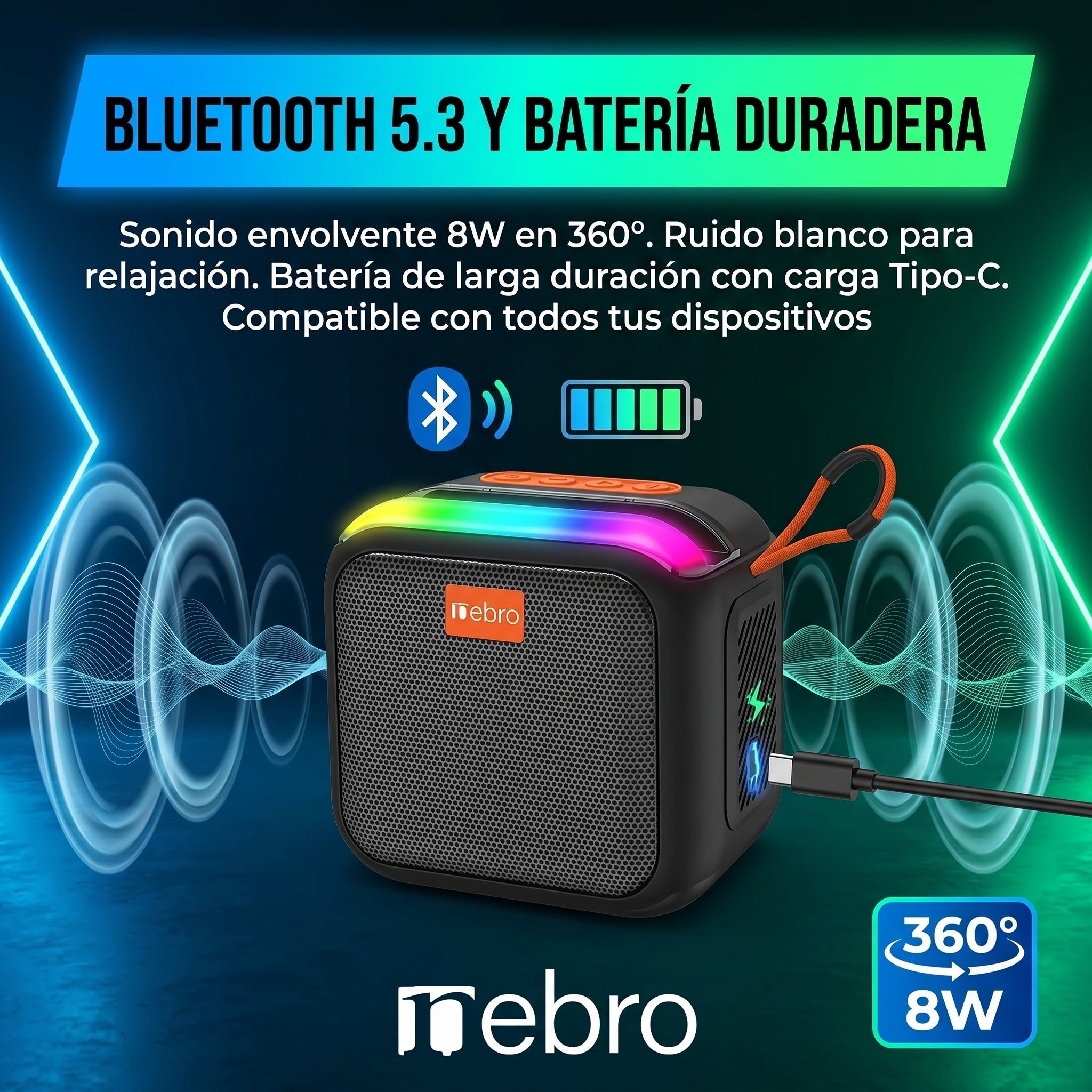 Bocina Inalámbrica Nebro WG-185 Bluetooth 5.3 Sonido Envolvente 360° 8W - Imagen 4
