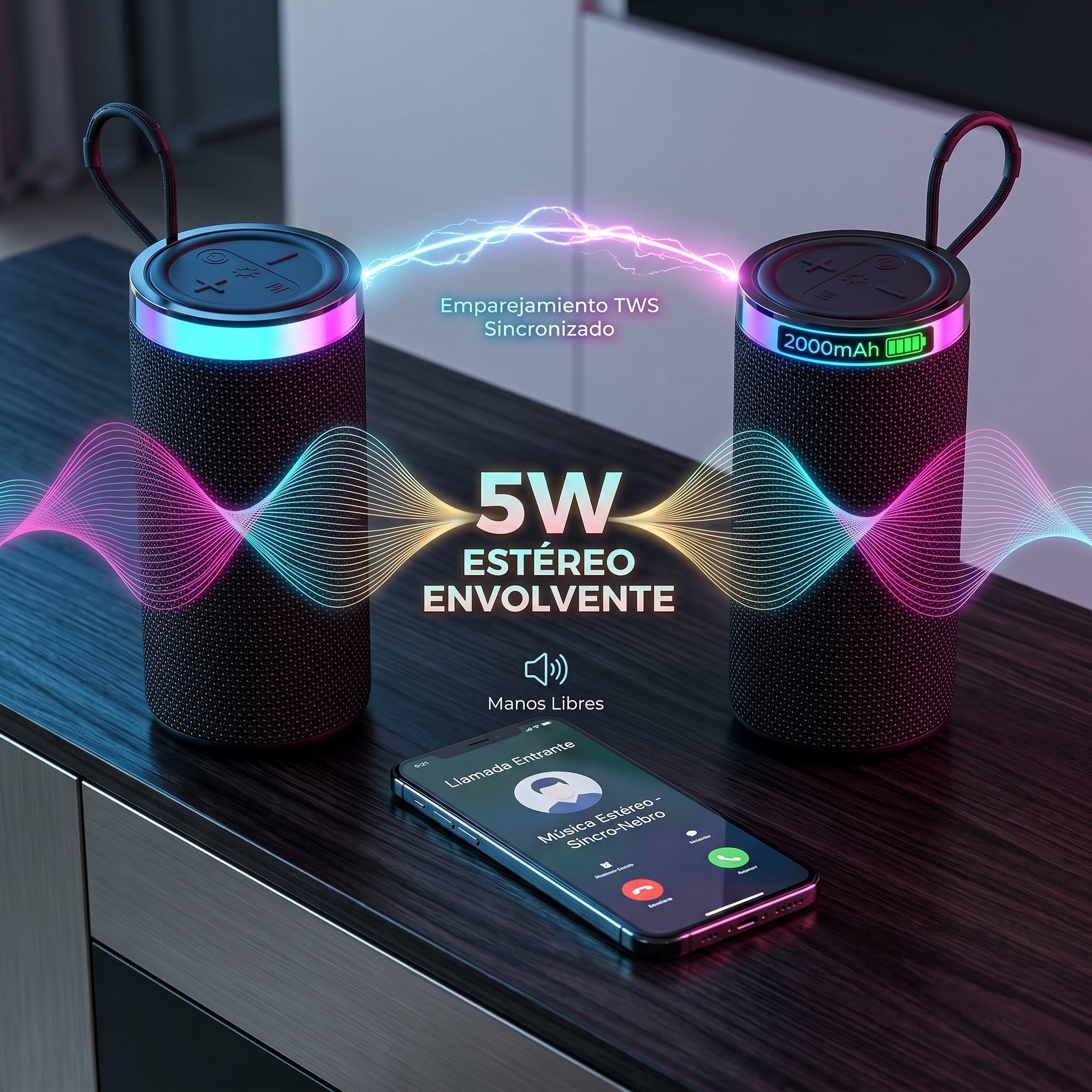 Bocina Bluetooth RGB NEBRO WG182 5W Sonido Envolvente 2000mAh - Imagen 3