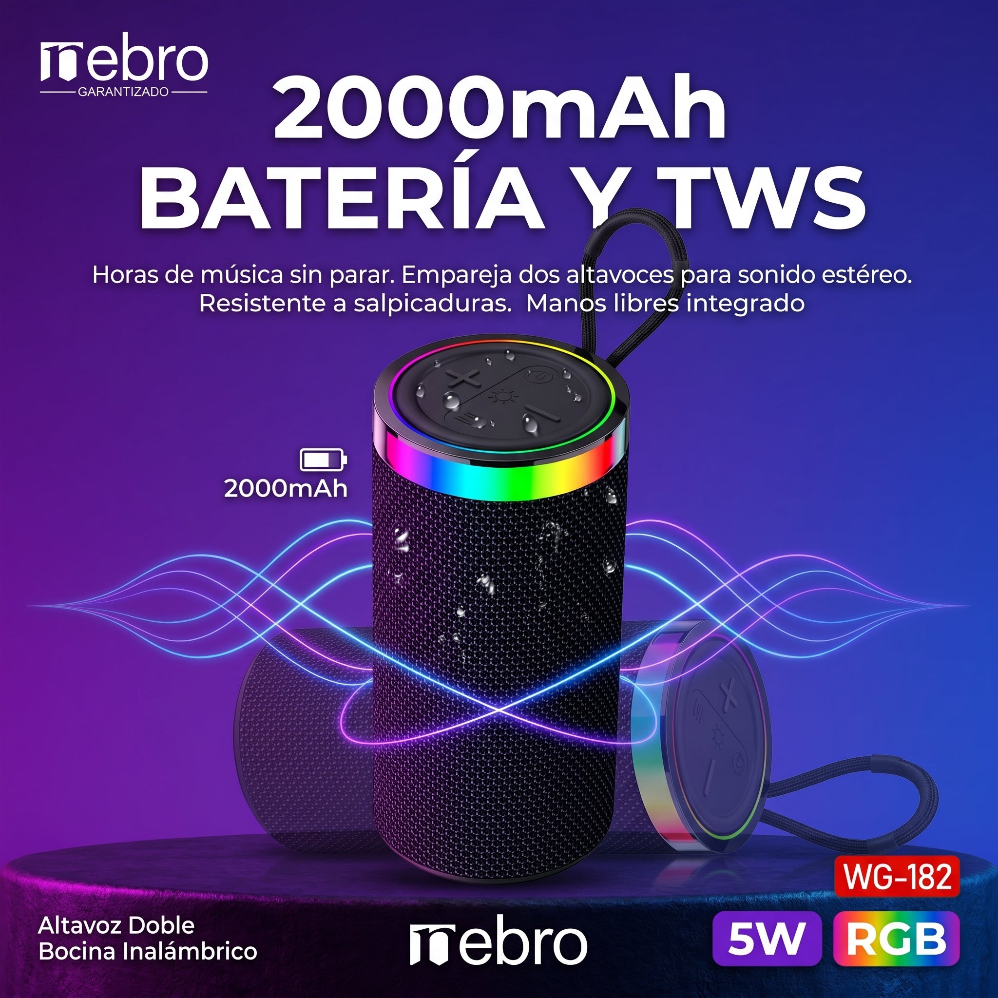 Bocina Bluetooth RGB NEBRO WG182 5W Sonido Envolvente 2000mAh - Imagen 5