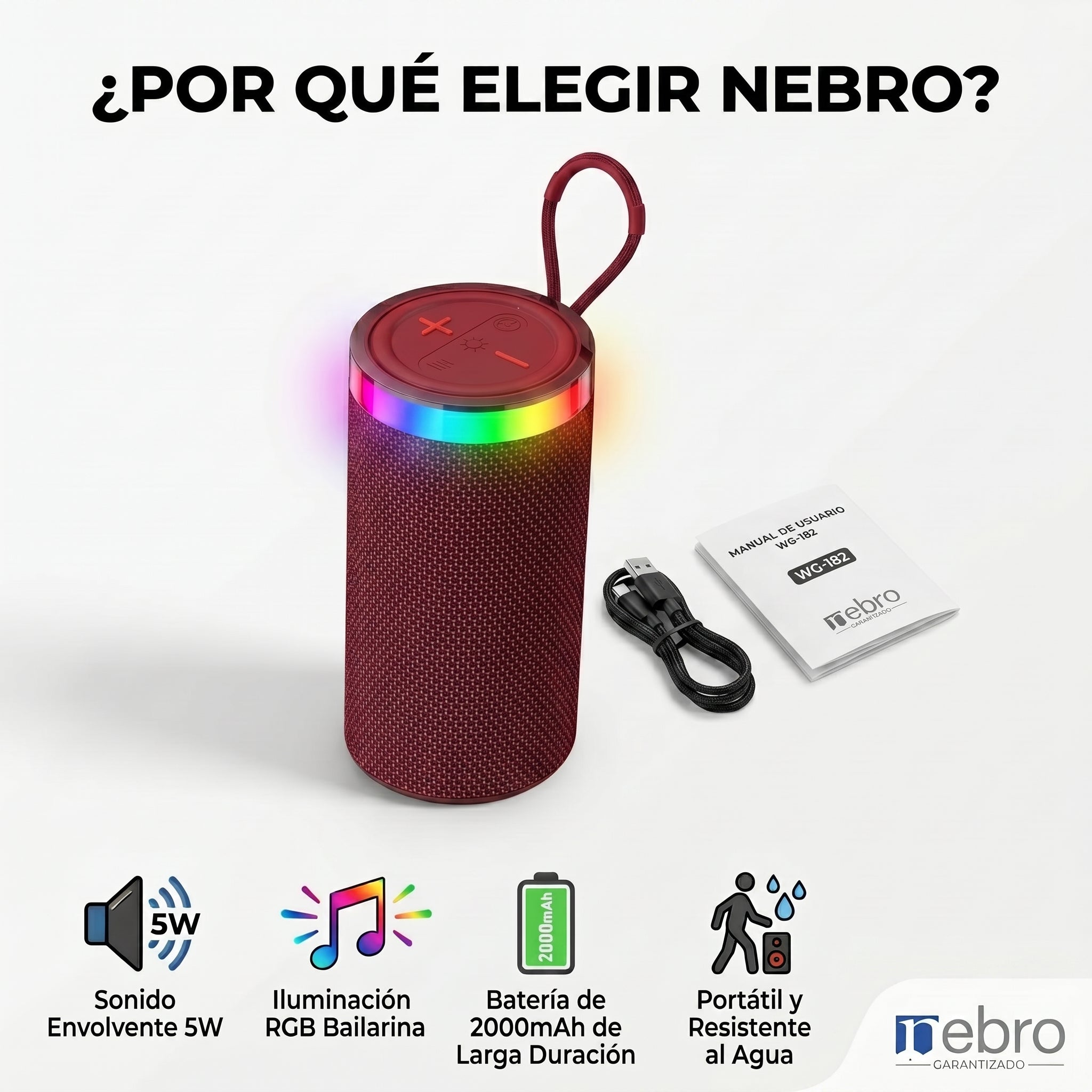 Bocina Bluetooth RGB NEBRO WG182 5W Sonido Envolvente 2000mAh - Imagen 7
