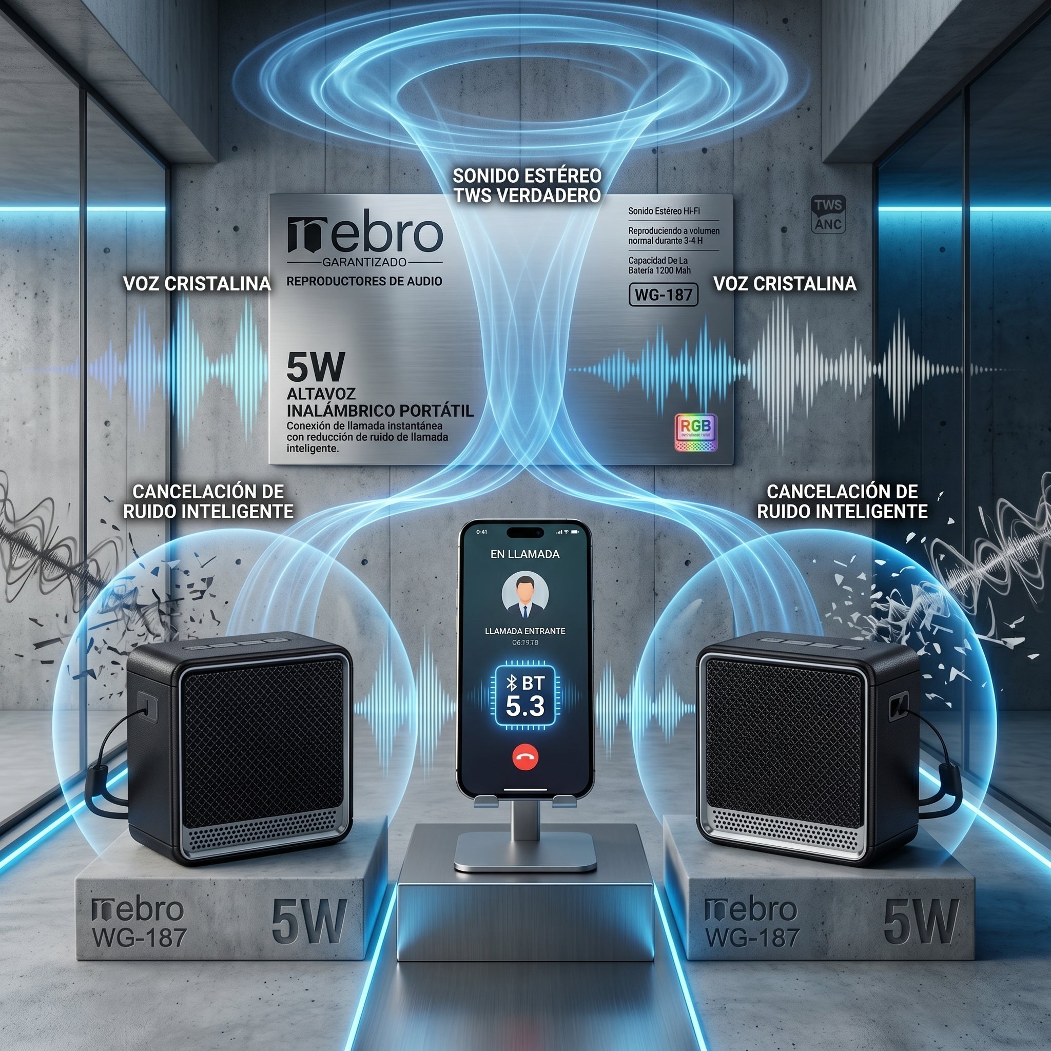 Bocina Bluetooth NEBRO WG187 Bluetooth 53 5W Cancelación Ruido - Imagen 5