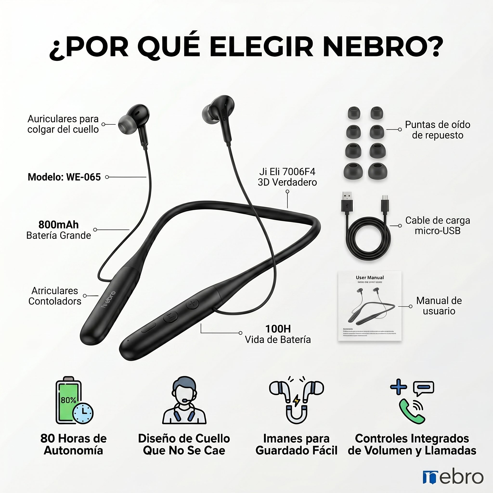 Audífonos Collar NEBRO WE065 Bluetooth 53 80 Horas Batería 800mAh - Imagen 3