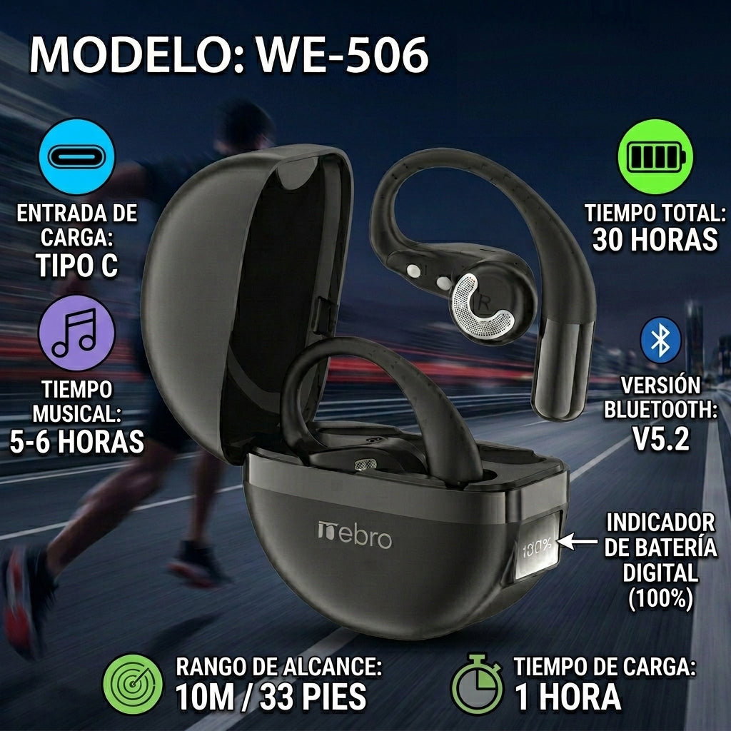 Audífonos Bluetooth OWS NEBRO WE506 Clip Oreja Sonido Direccional Estuche 400mAh - Imagen 2