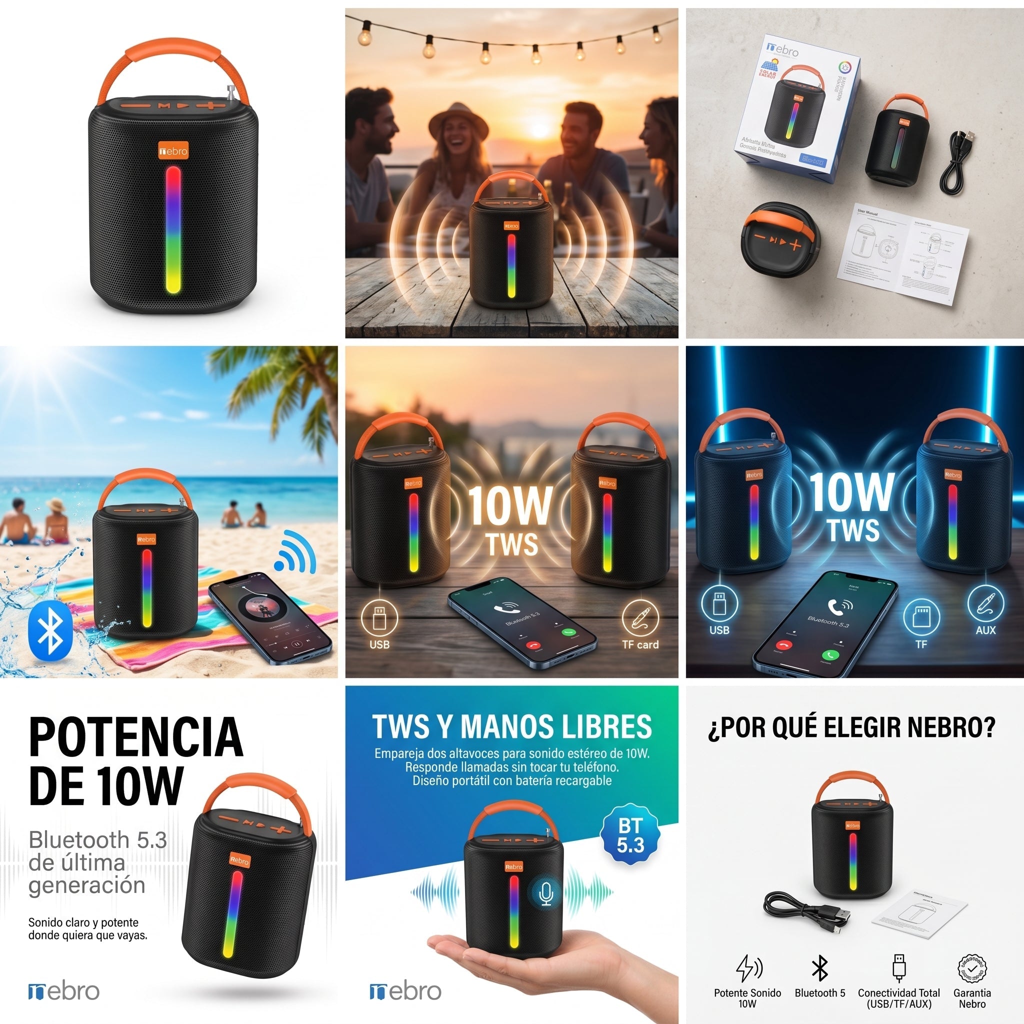 Bocina Bluetooth NEBRO WG601 Bluetooth 53 10W Solar - Imagen 5