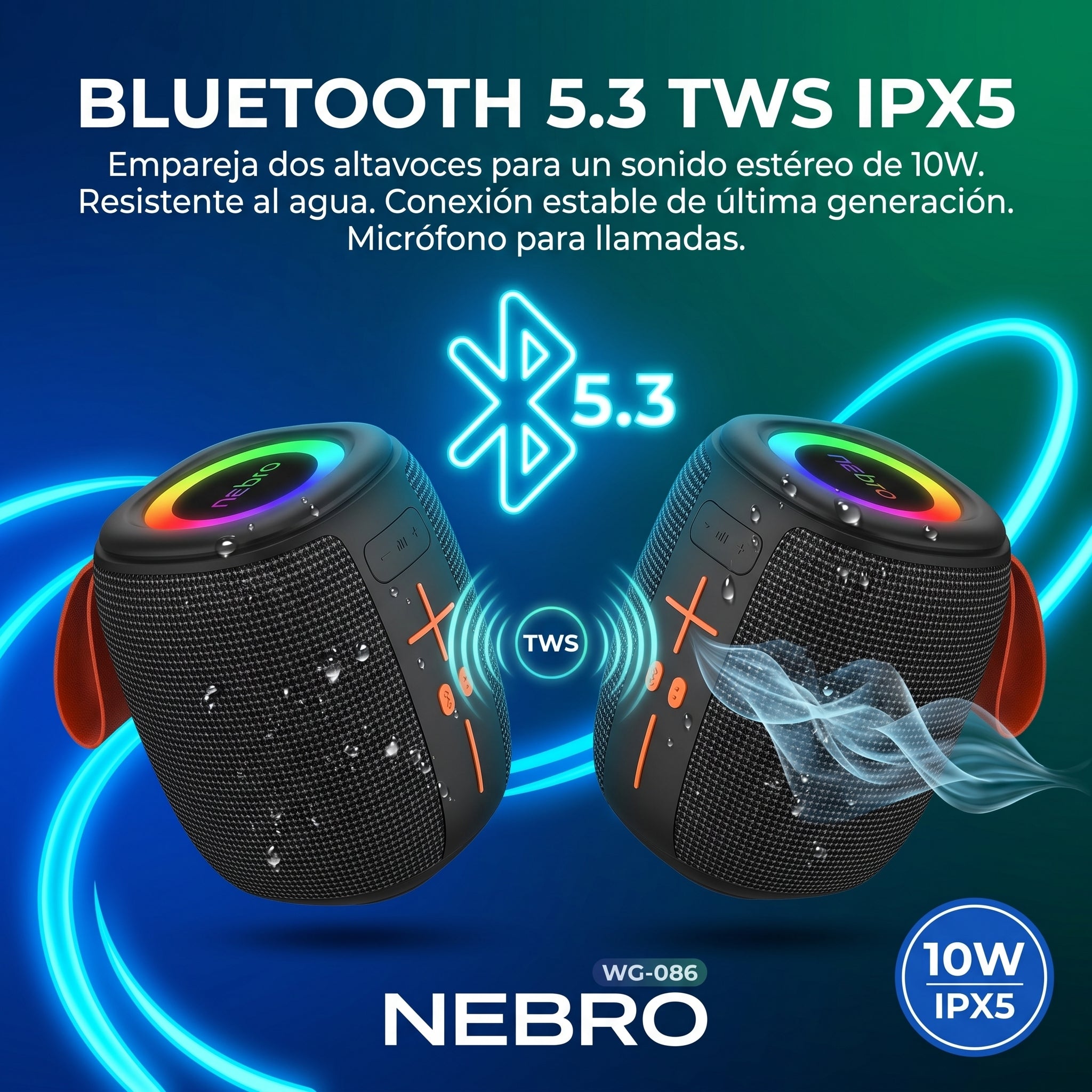 Bocina Bluetooth TWS NEBRO WG086 Bluetooth 53 10W IPX5 - Imagen 2