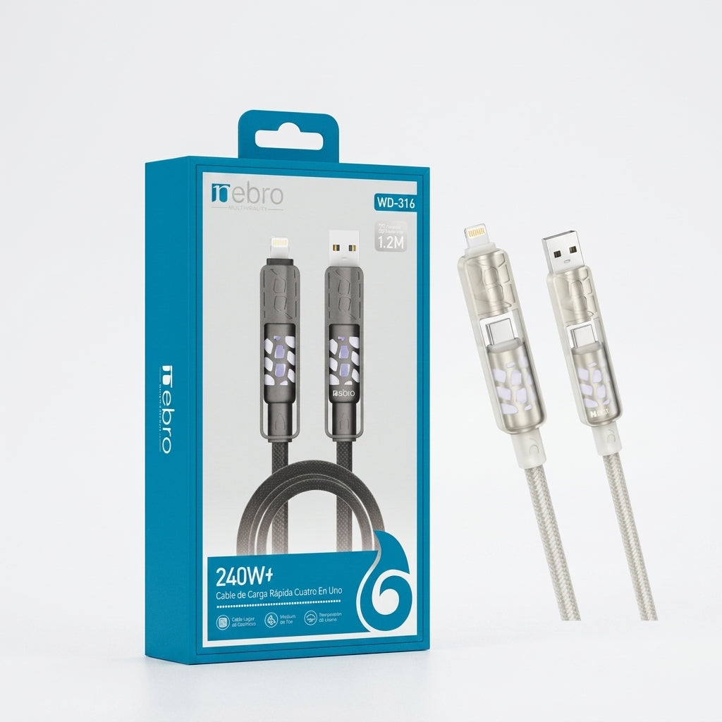 Cable 4 en 1 NEBRO WD316 240W 1.2 Metros Aleación Zinc - Imagen 2