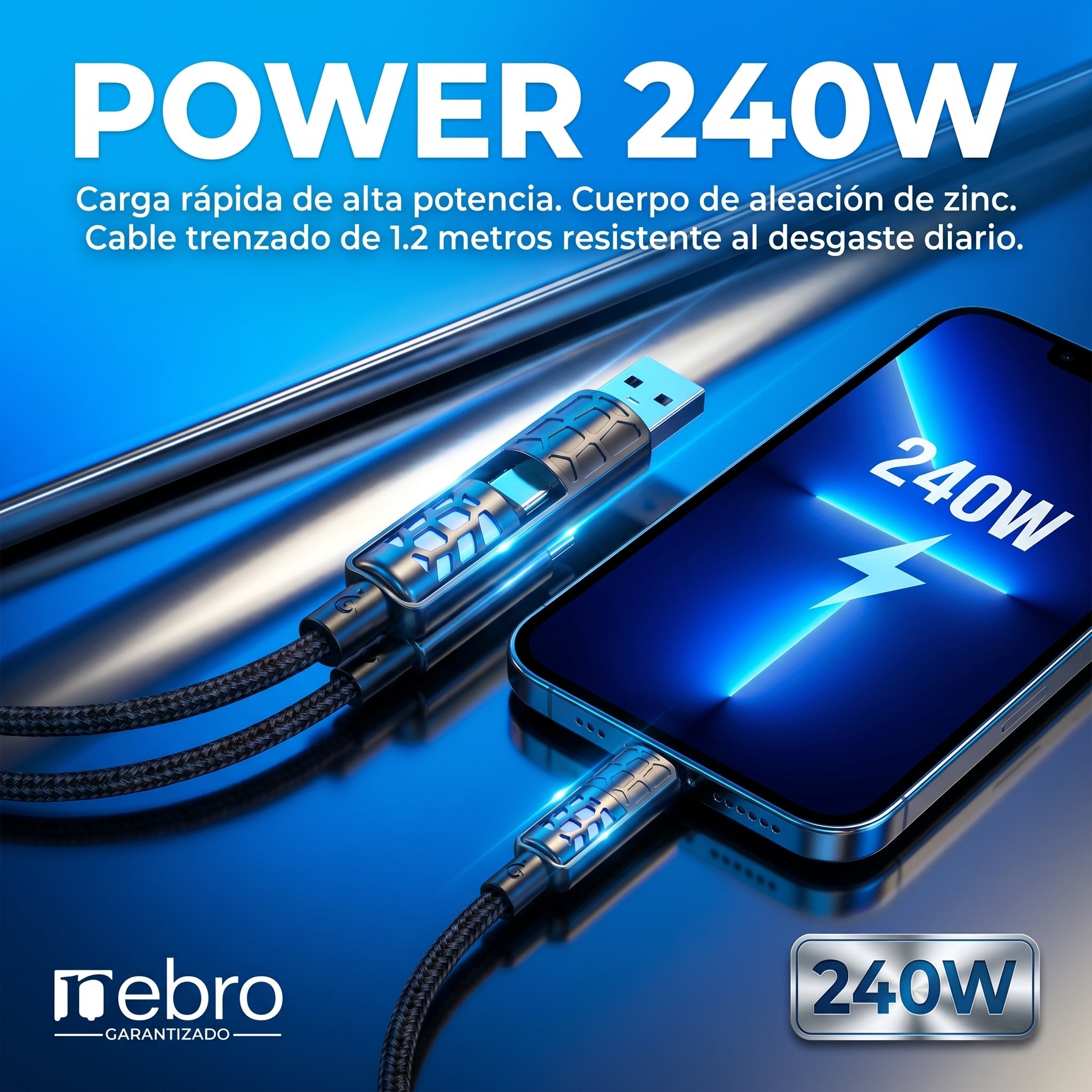 Cable 4 en 1 NEBRO WD316 240W 1.2 Metros Aleación Zinc - Imagen 3