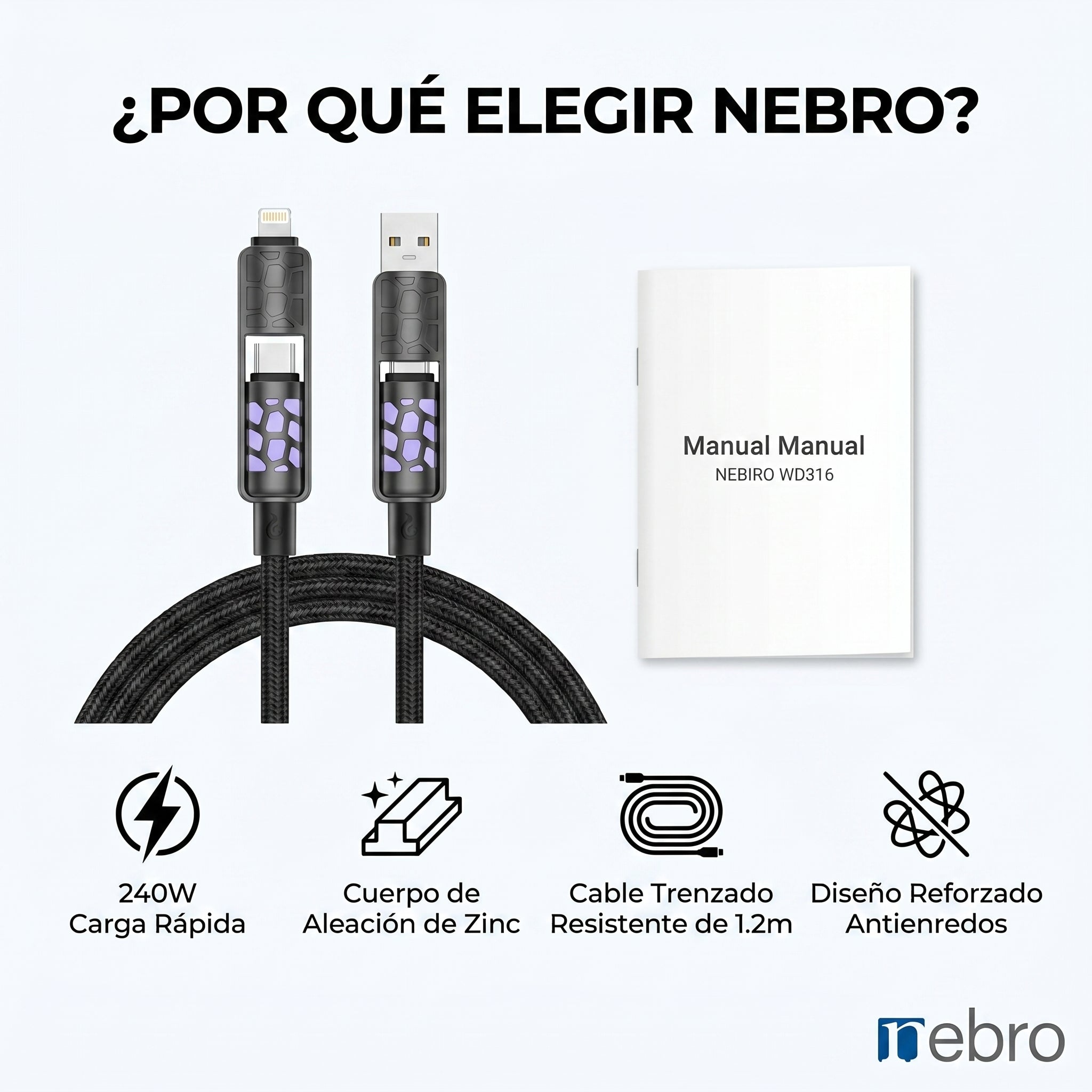Cable 4 en 1 NEBRO WD316 240W 1.2 Metros Aleación Zinc - Imagen 4