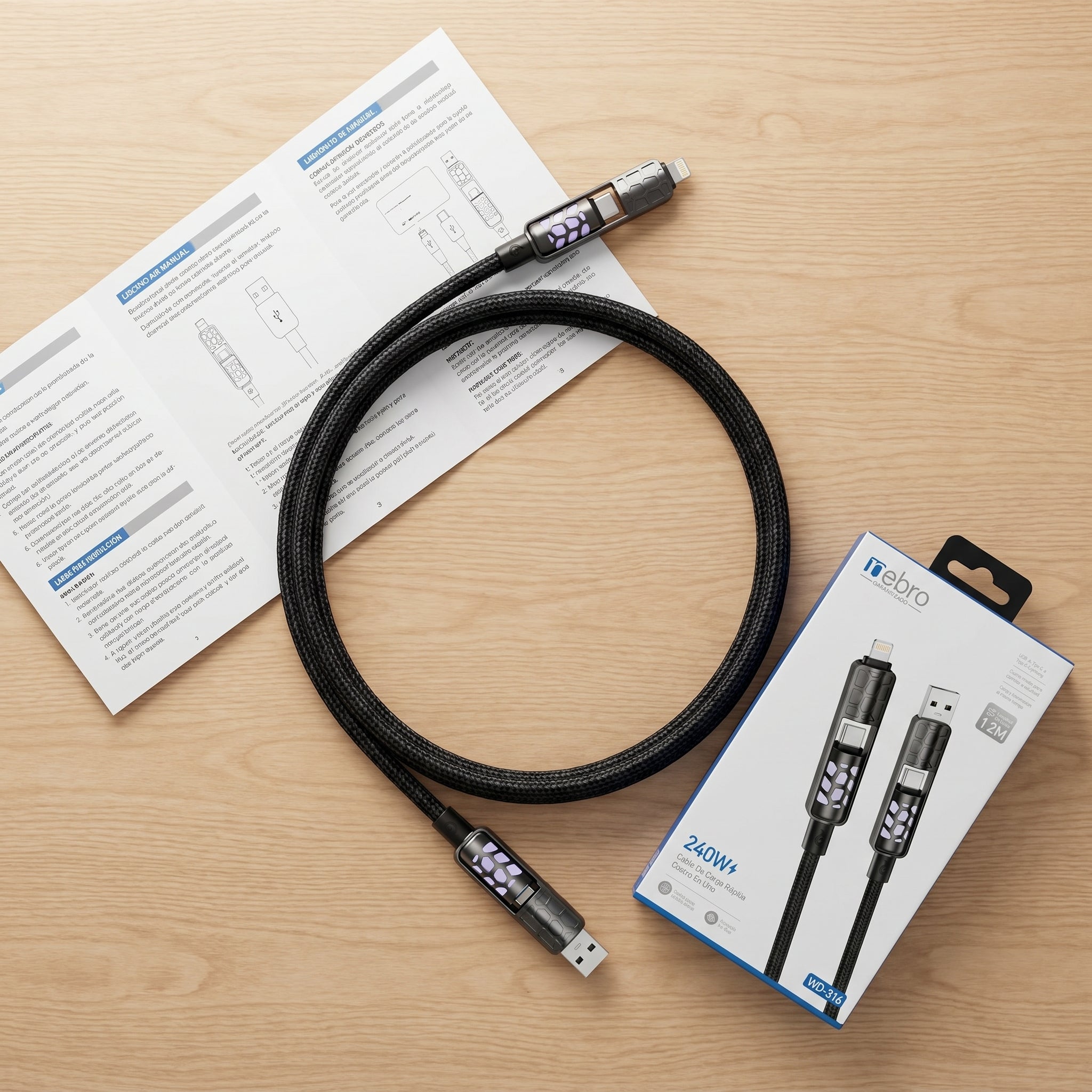 Cable 4 en 1 NEBRO WD316 240W 1.2 Metros Aleación Zinc - Imagen 5
