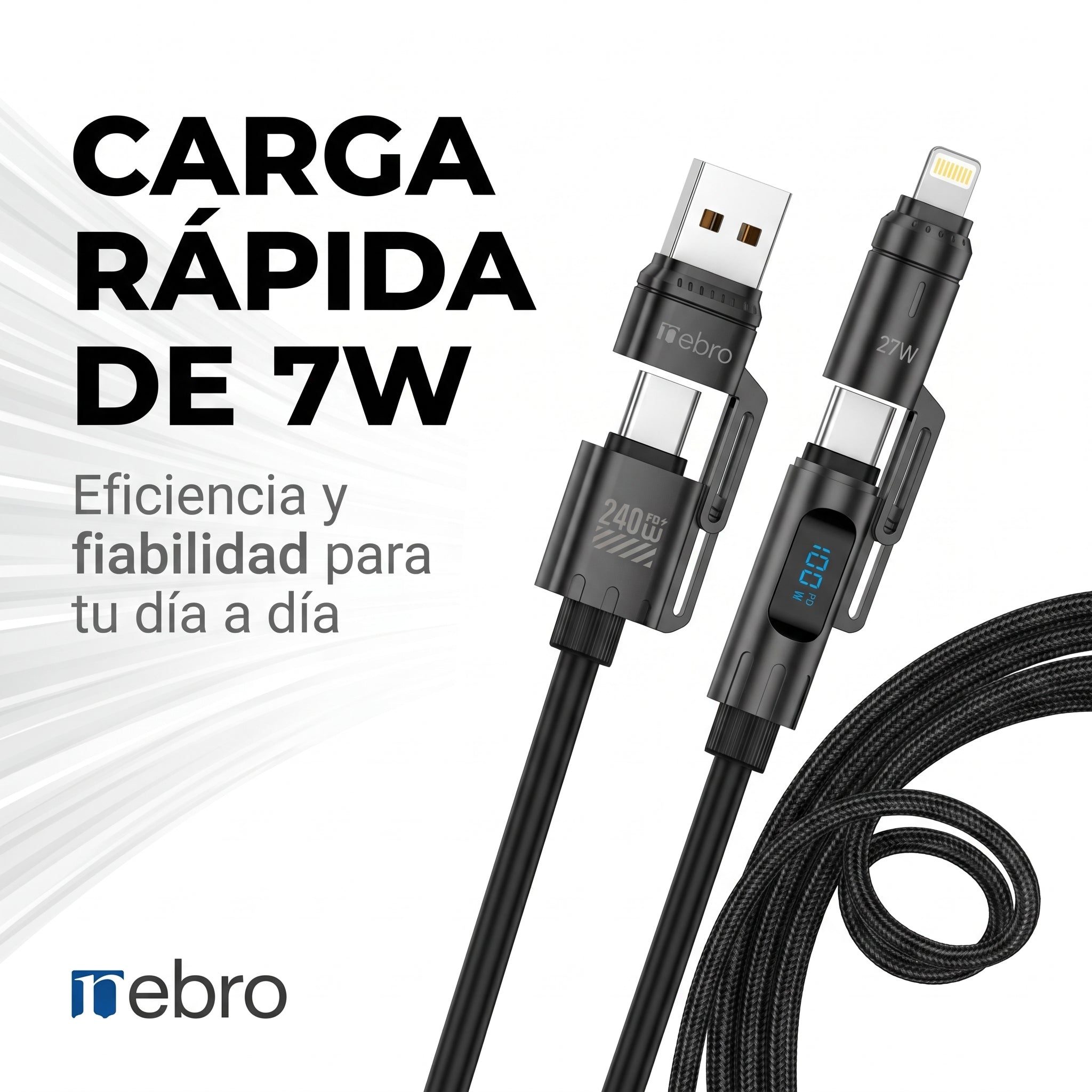 Cable 4 en 1 Trenzado NEBRO WD312 7W Carga Alta Resistencia - Imagen 3