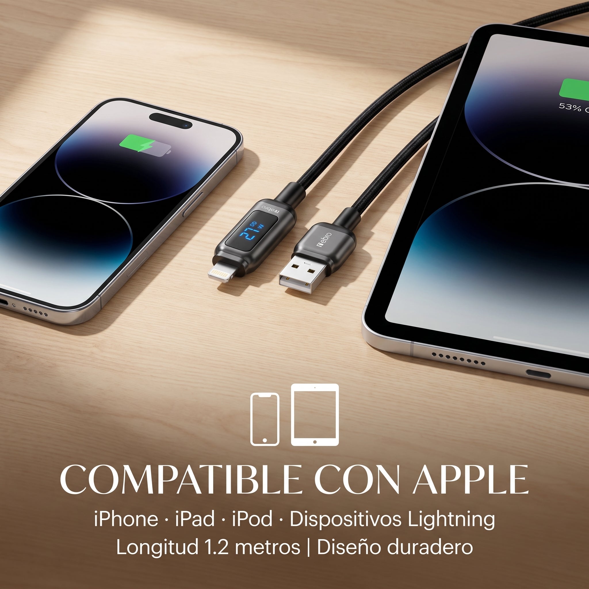 Cable Lightning a USB-A Trenzado Nebro WD-309L - Imagen 3