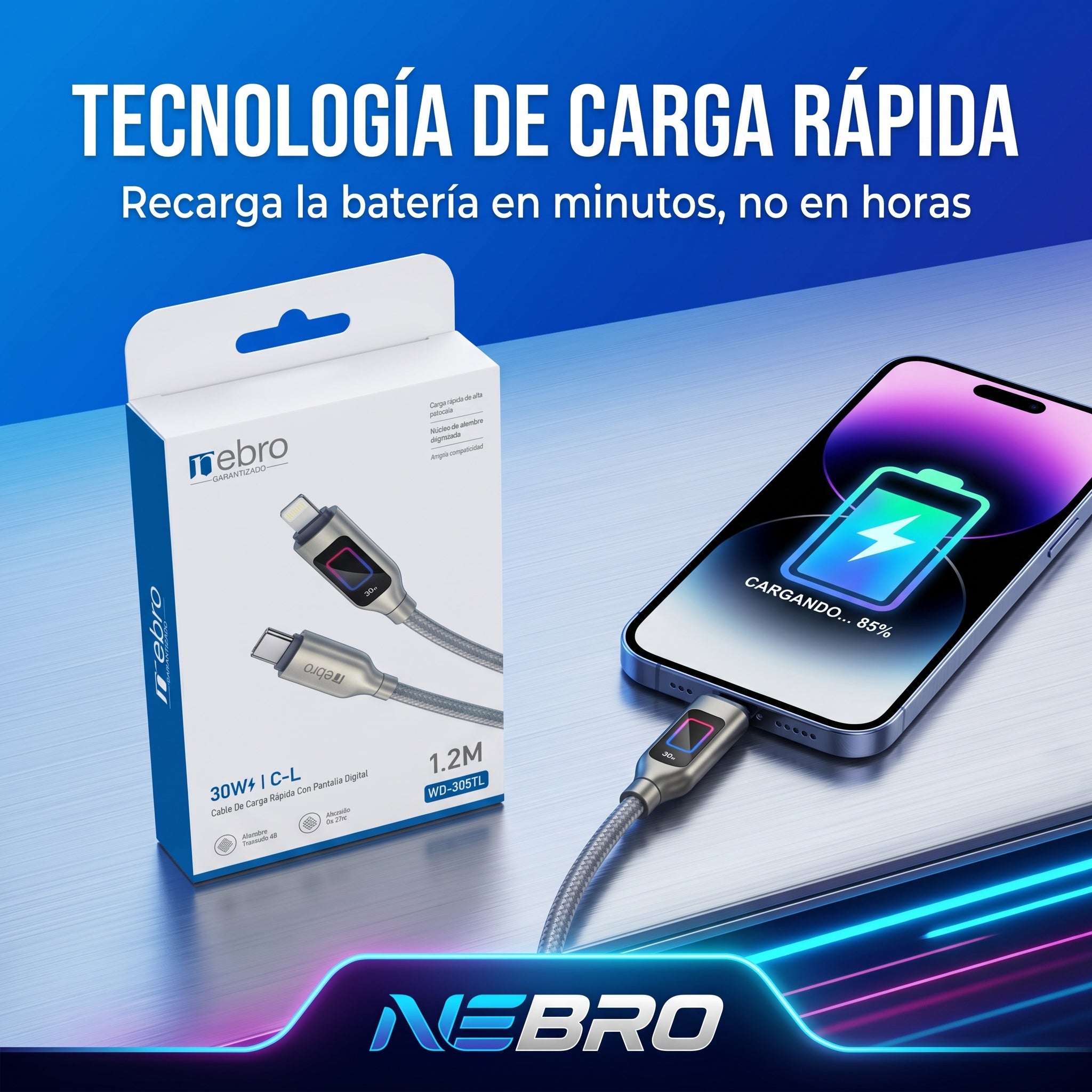 Cable Lightning Trenzado NEBRO WD-305TL 30W Carga Rápida Alta Resistencia - Imagen 4