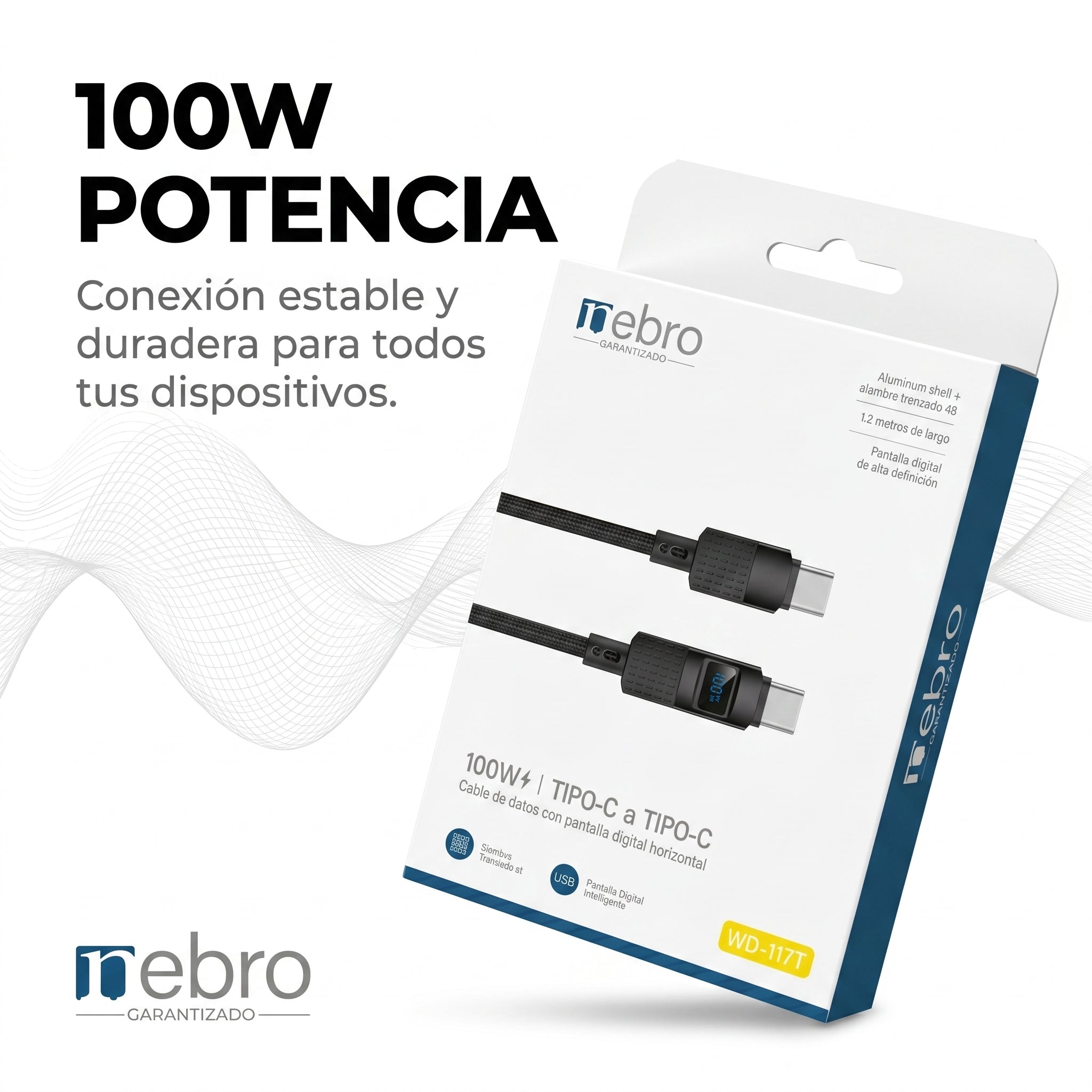 Cable USB Tipo C NEBRO WD117T 100W Carga Rápida y Transferencia de Datos - Imagen 2