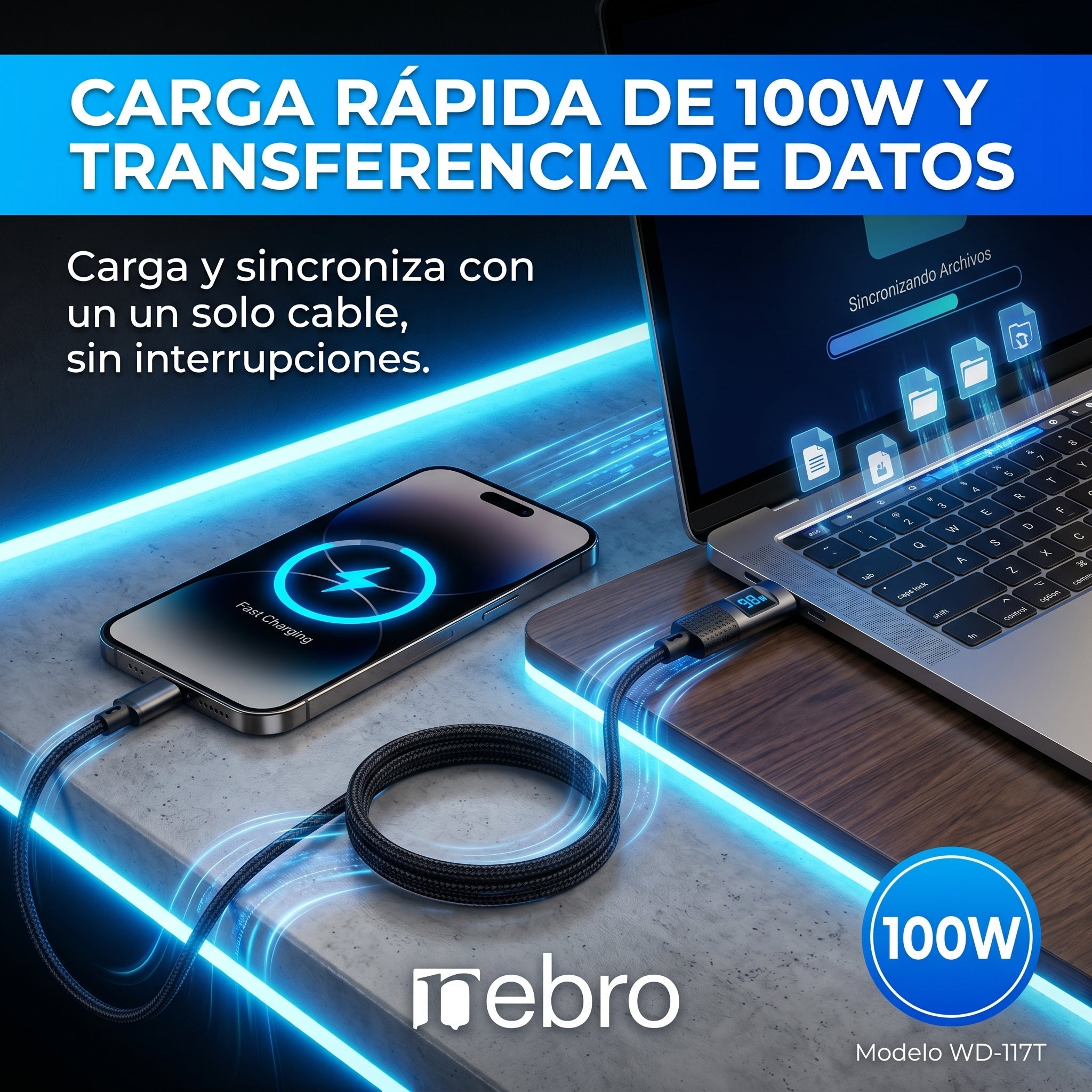 Cable USB Tipo C NEBRO WD117T 100W Carga Rápida y Transferencia de Datos - Imagen 3