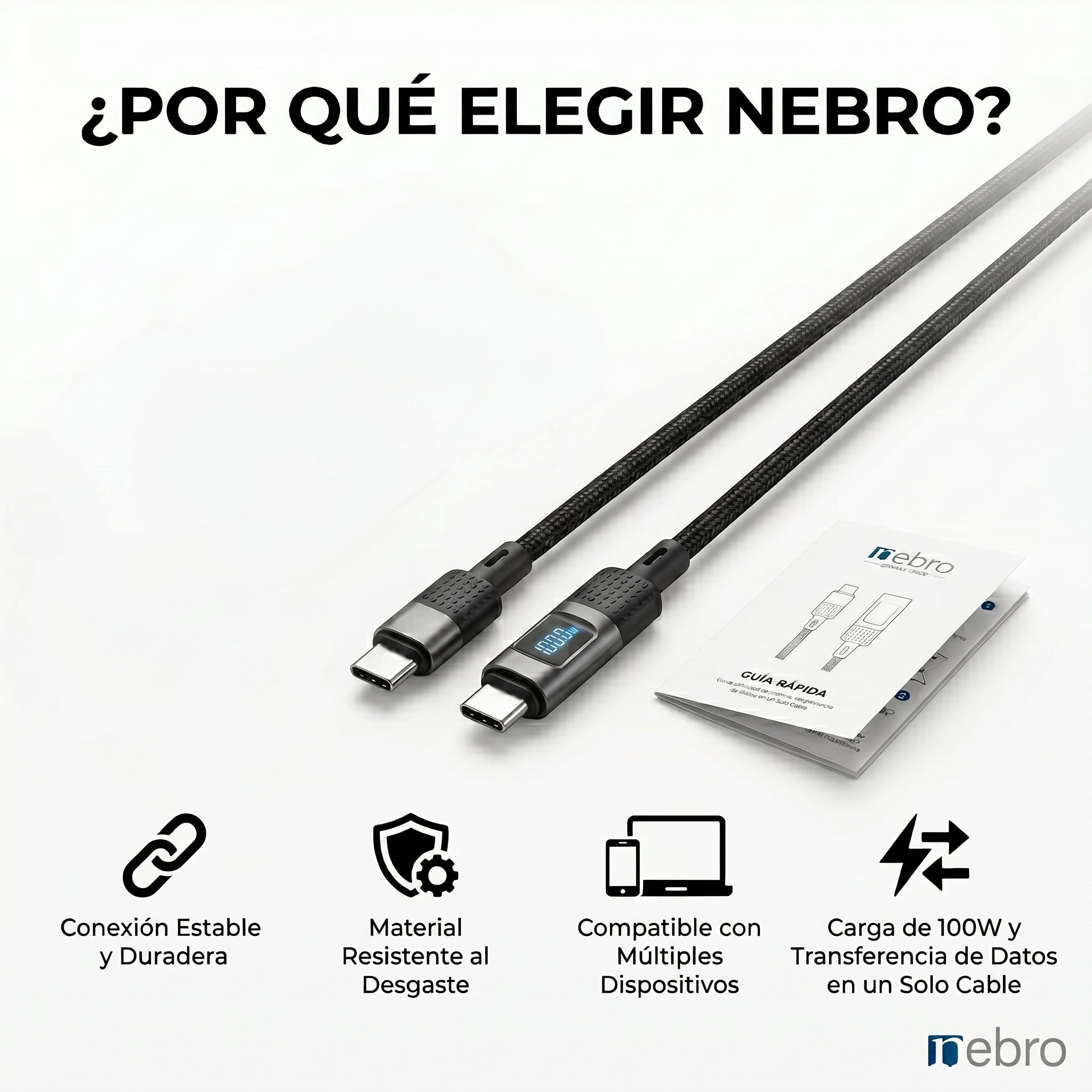 Cable USB Tipo C NEBRO WD117T 100W Carga Rápida y Transferencia de Datos - Imagen 9