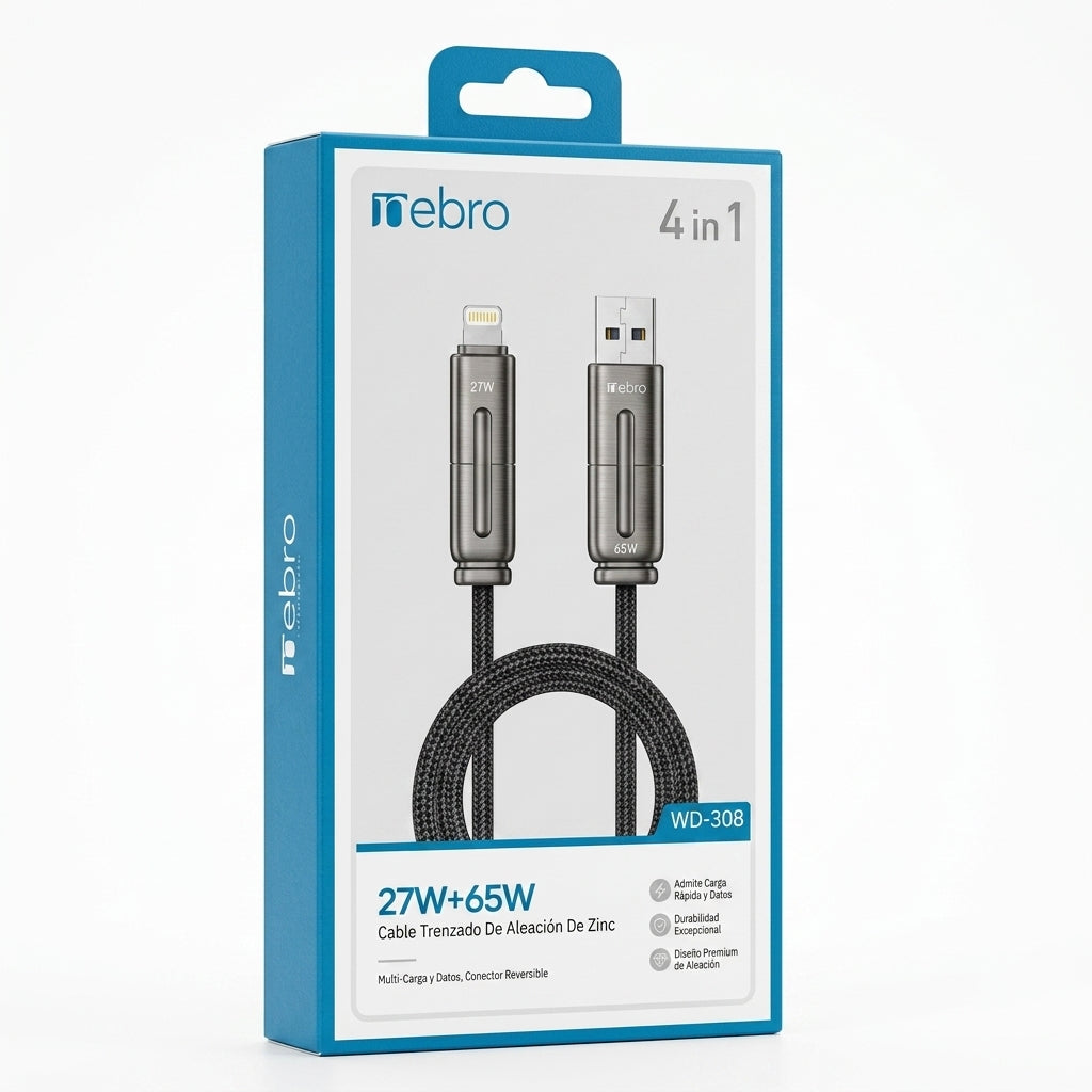 Cable 4 en 1 NEBRO WD308 27W Multiconector Compatible iOS Android USB-C - Imagen 3