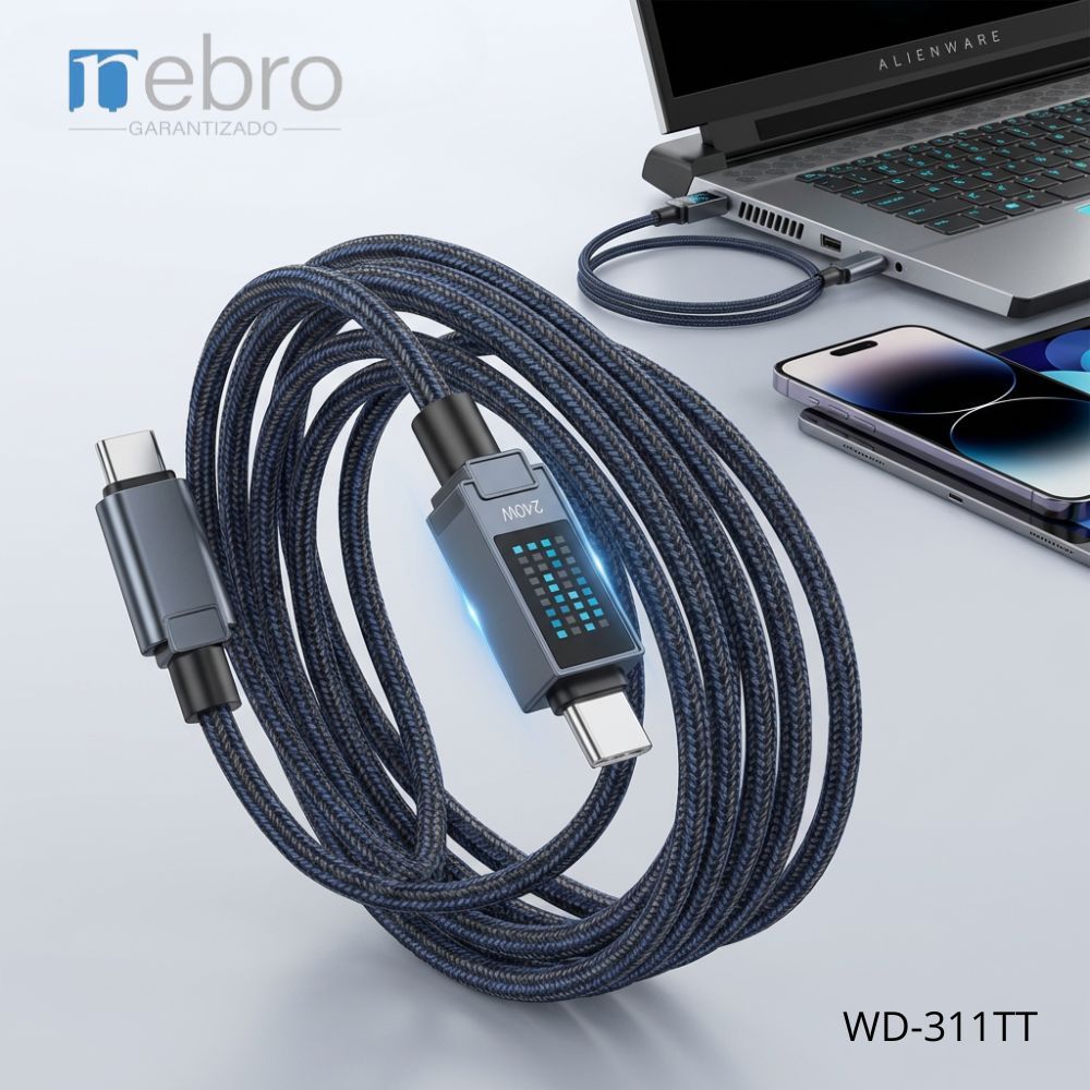 Cable Tipo C Reforzado NEBRO WD311TT 240W Carga Rápida Uso Profesional
