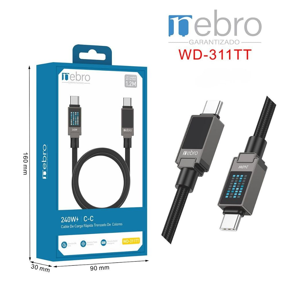 Cable Tipo C Reforzado NEBRO WD311TT 240W Carga Rápida Uso Profesional - Imagen 2
