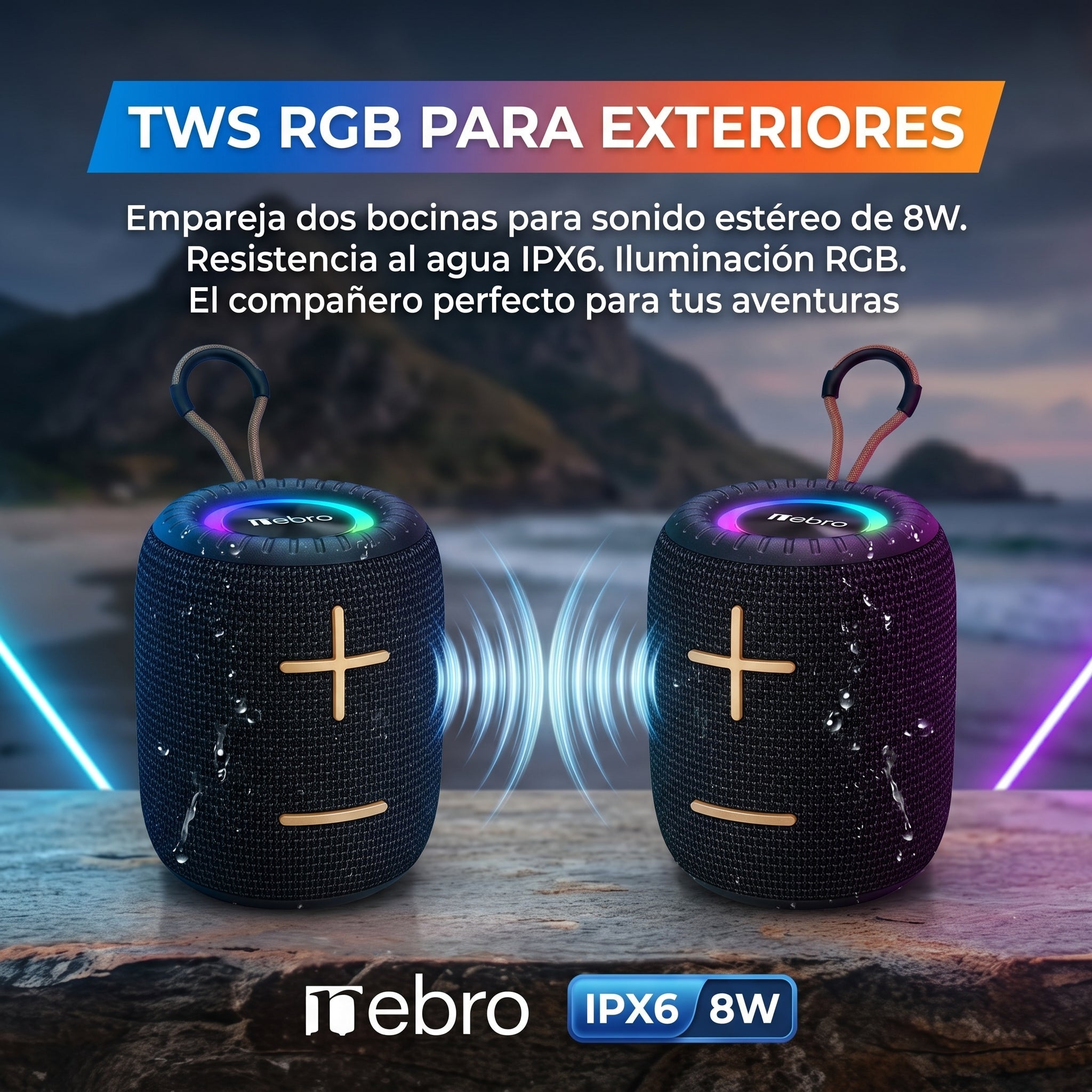 Bocina Bluetooth RGB Exterior NEBRO WG133 8W IPX6 TWS Resistente Agua - Imagen 4