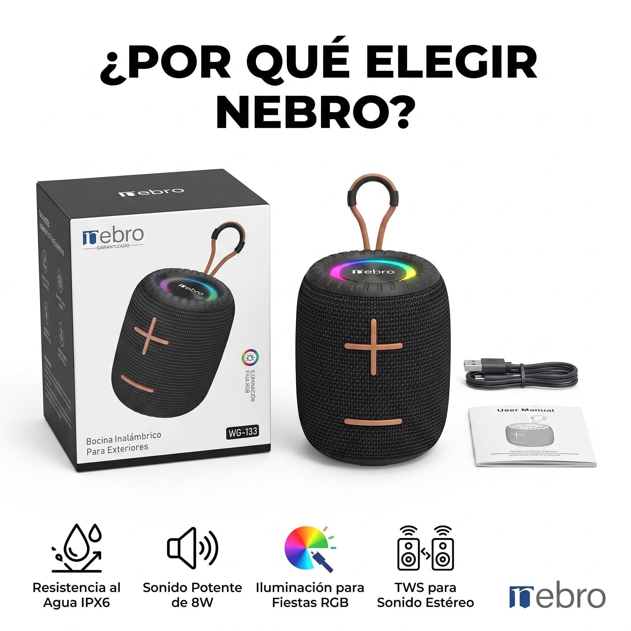 Bocina Bluetooth RGB Exterior NEBRO WG133 8W IPX6 TWS Resistente Agua - Imagen 6