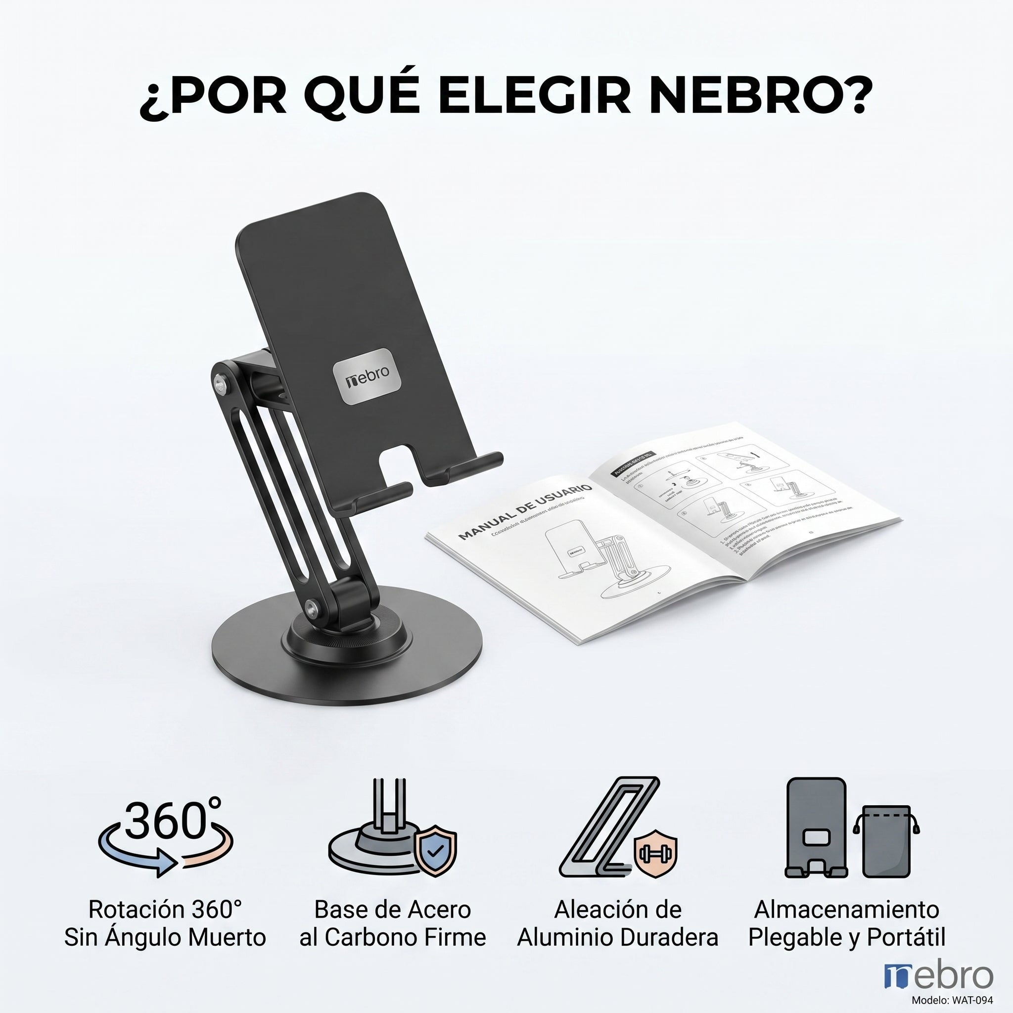 Soporte para Celular y Tablet Nebro WAT-094 Base Ajustable de Aluminio Altura Regulable Compatible con Todos los Dispositivos de 4 a 12 Pulgadas - Imagen 10