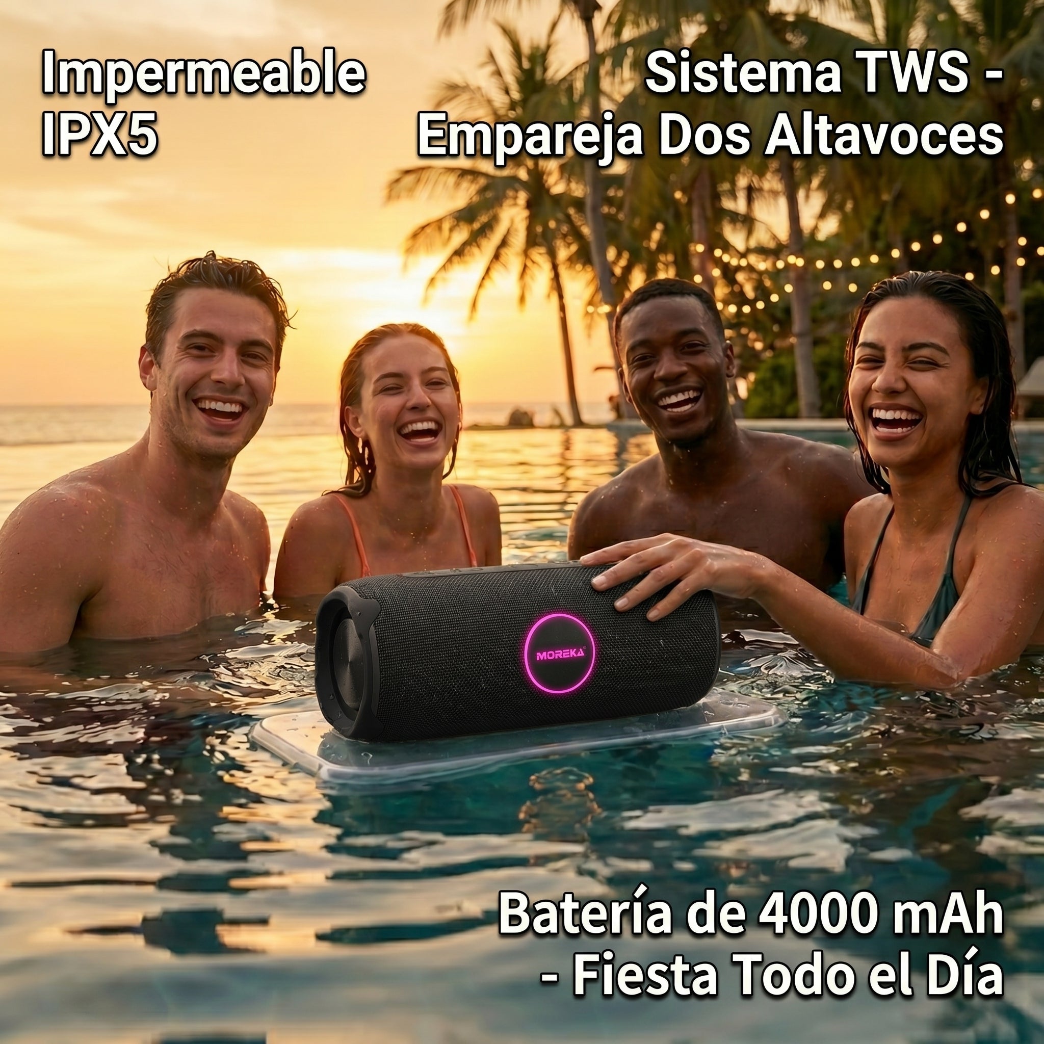 Bocina Moreka A62 50W IPX5 Resistente al Agua con Graves Extra y TWS Estéreo - Imagen 2