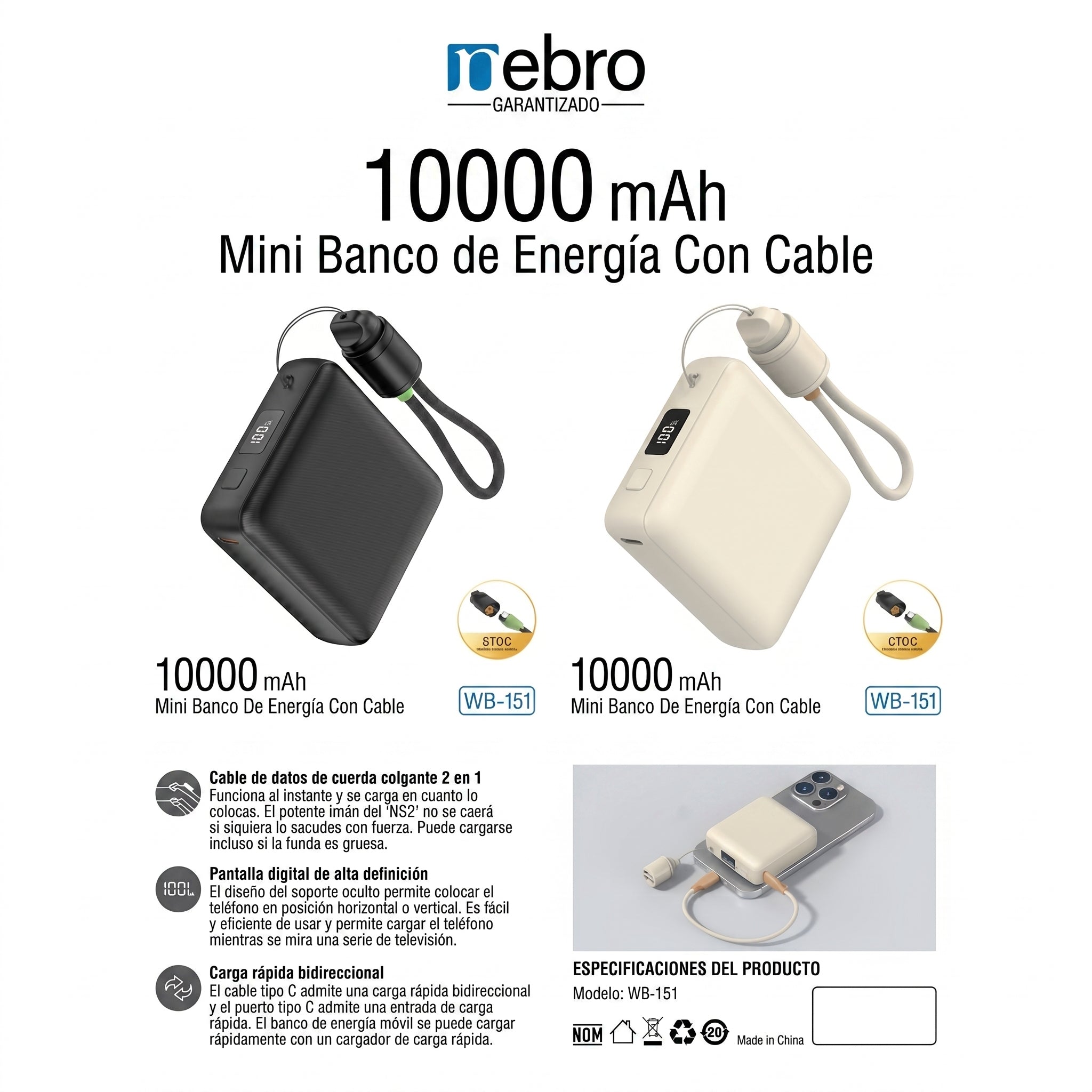 Power Bank Nebro WB-15 1000mAh 37Wh Puertos: Salida iP / USB-C - Imagen 2