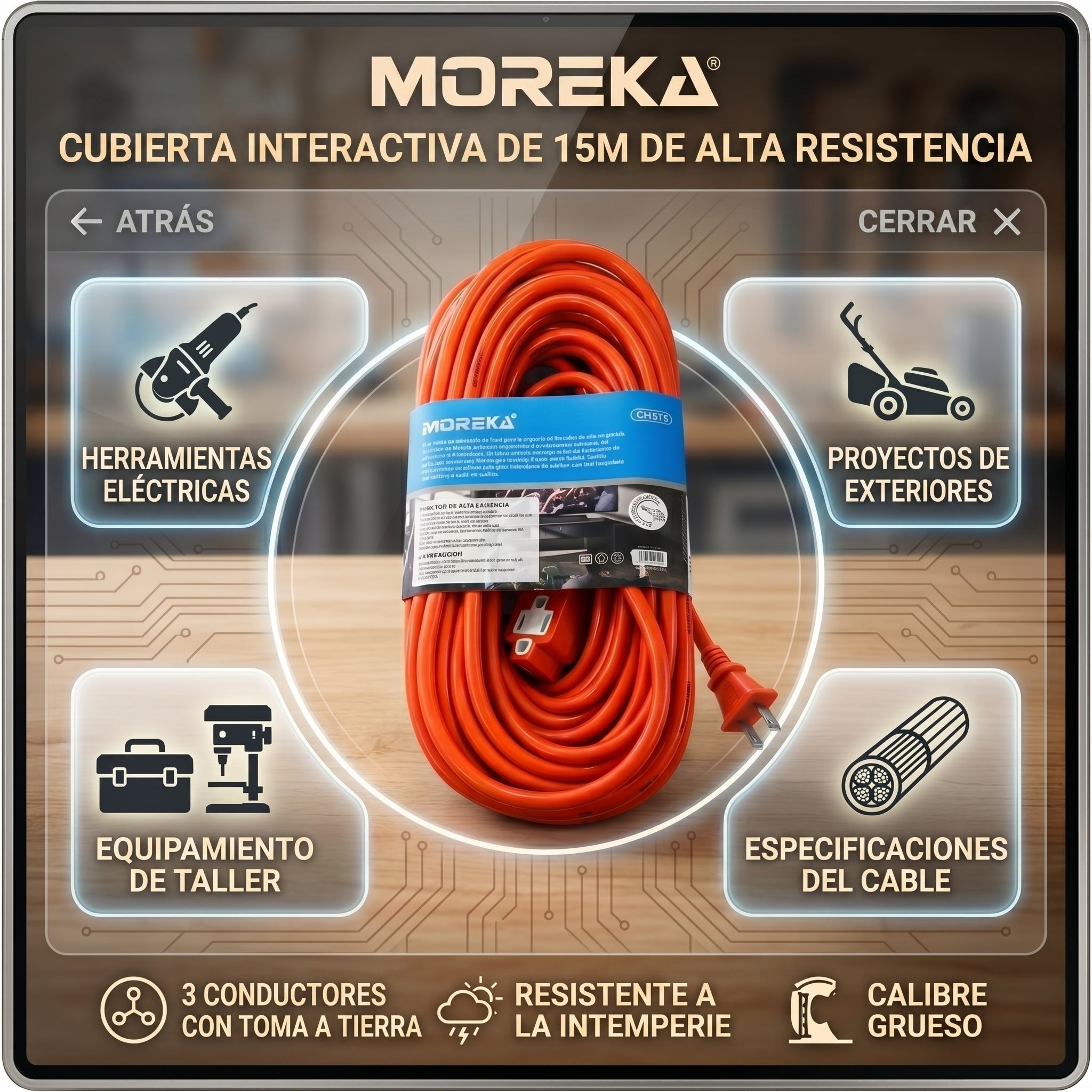 Cable de Extensión CHS15 – 15 Metros Pesado para Uso en Exteriores con Conexión a Tierra - Imagen 2