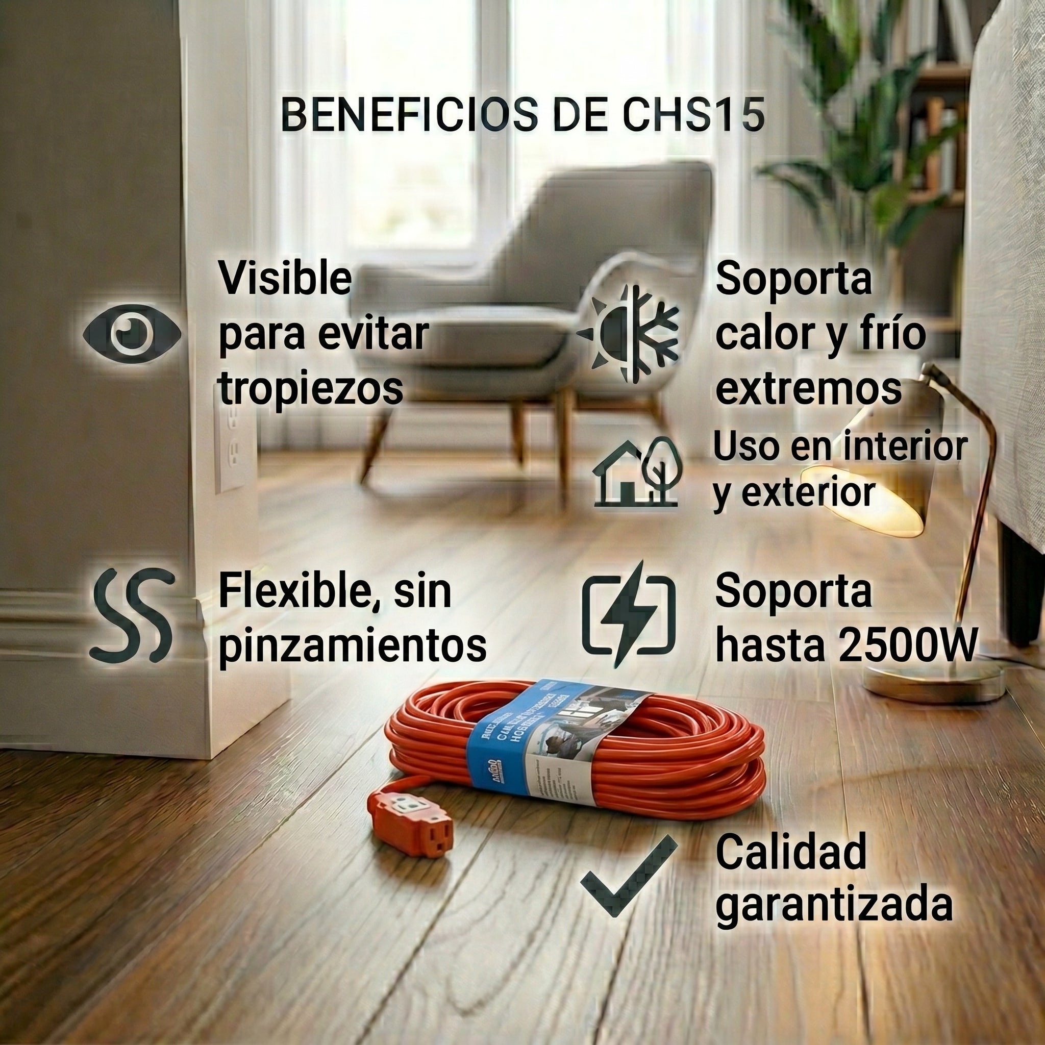 Cable de Extensión CHS15 – 15 Metros Pesado para Uso en Exteriores con Conexión a Tierra - Imagen 4