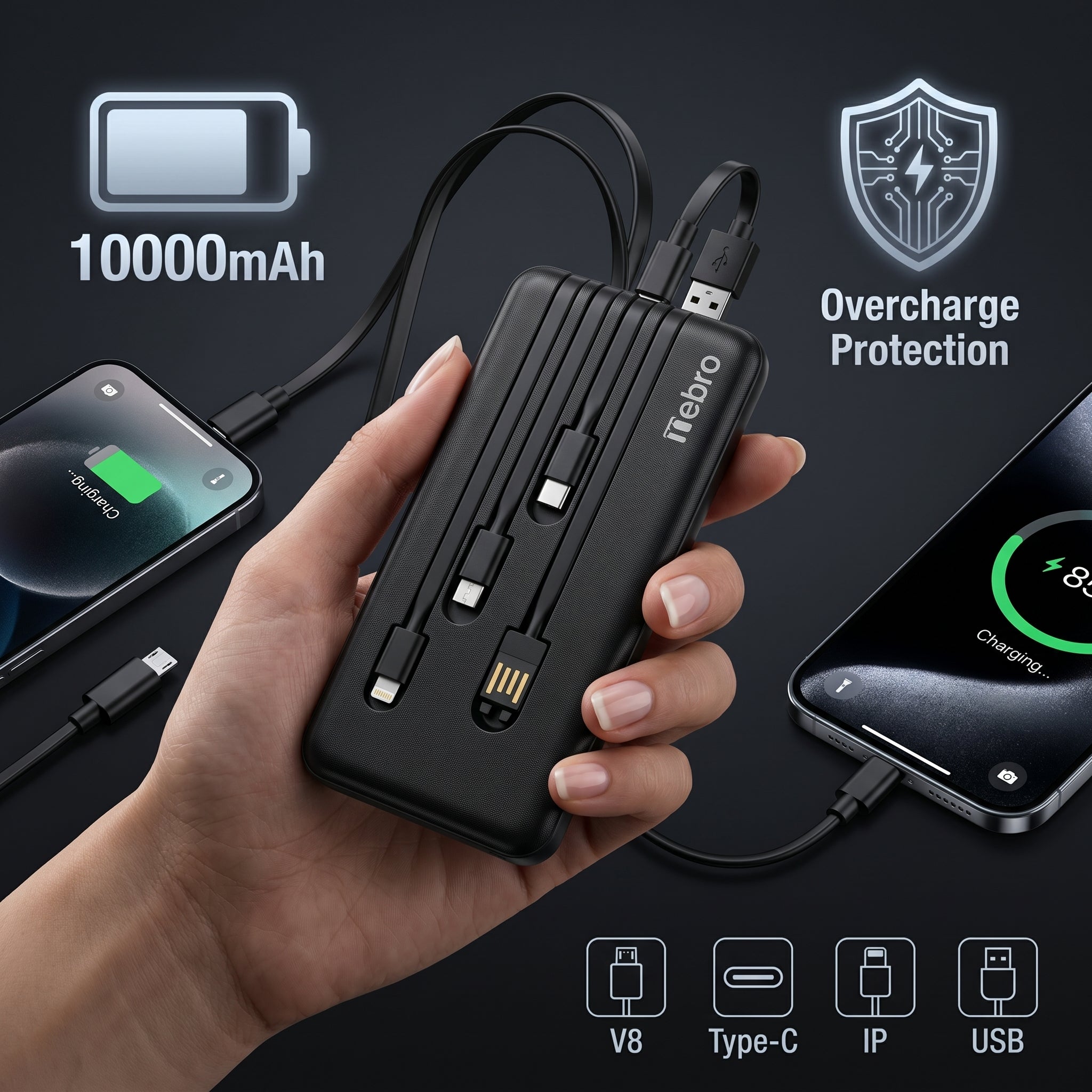 Power Bank Nebro WB-014 10000mAh Batería Portátil con 4 Cables Integrados V8 Tipo-C Lightning y USB Carga Rápida 5V-2A Diseño Compacto y Ligero - Imagen 2