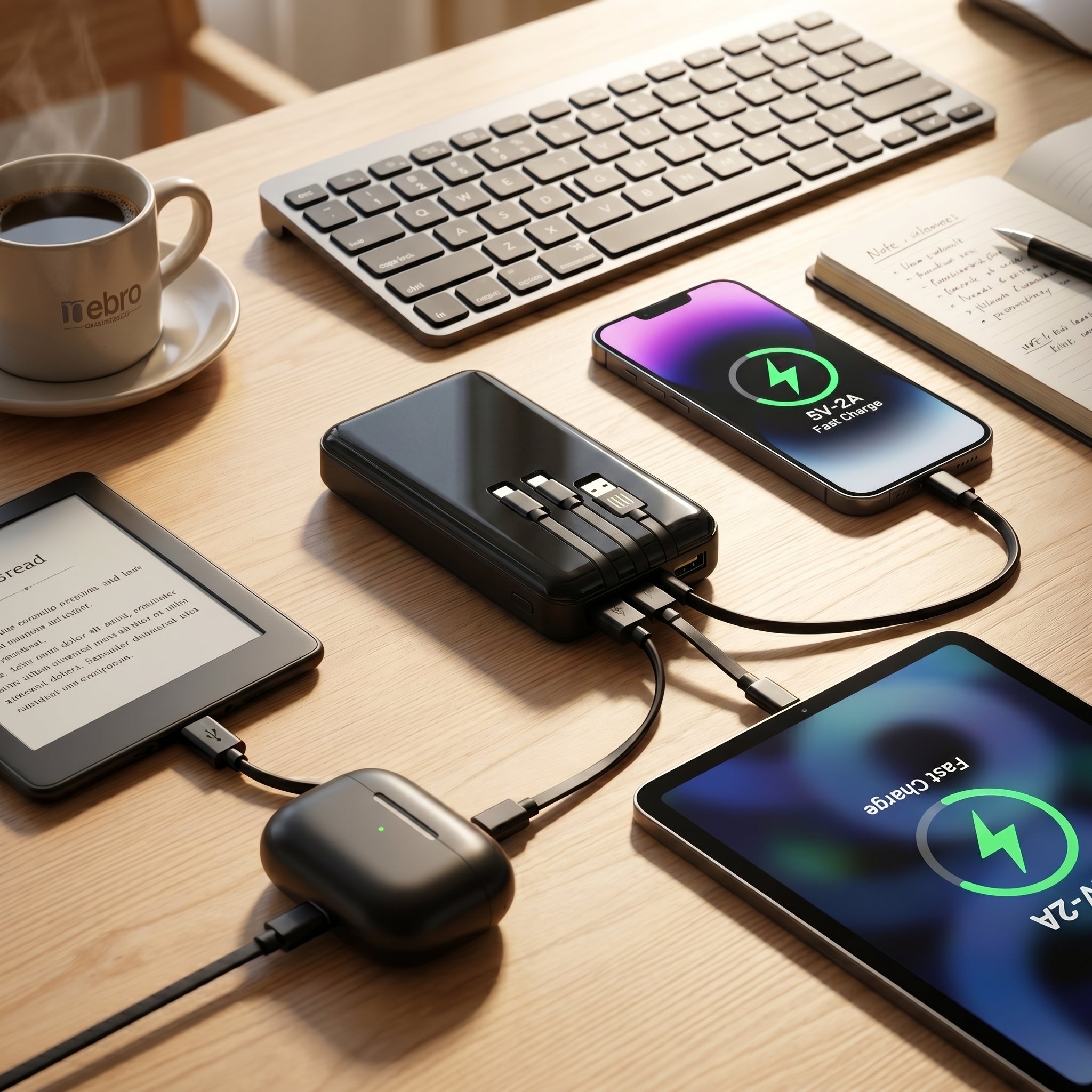 Power Bank Nebro WB-014 10000mAh Batería Portátil con 4 Cables Integrados V8 Tipo-C Lightning y USB Carga Rápida 5V-2A Diseño Compacto y Ligero - Imagen 3