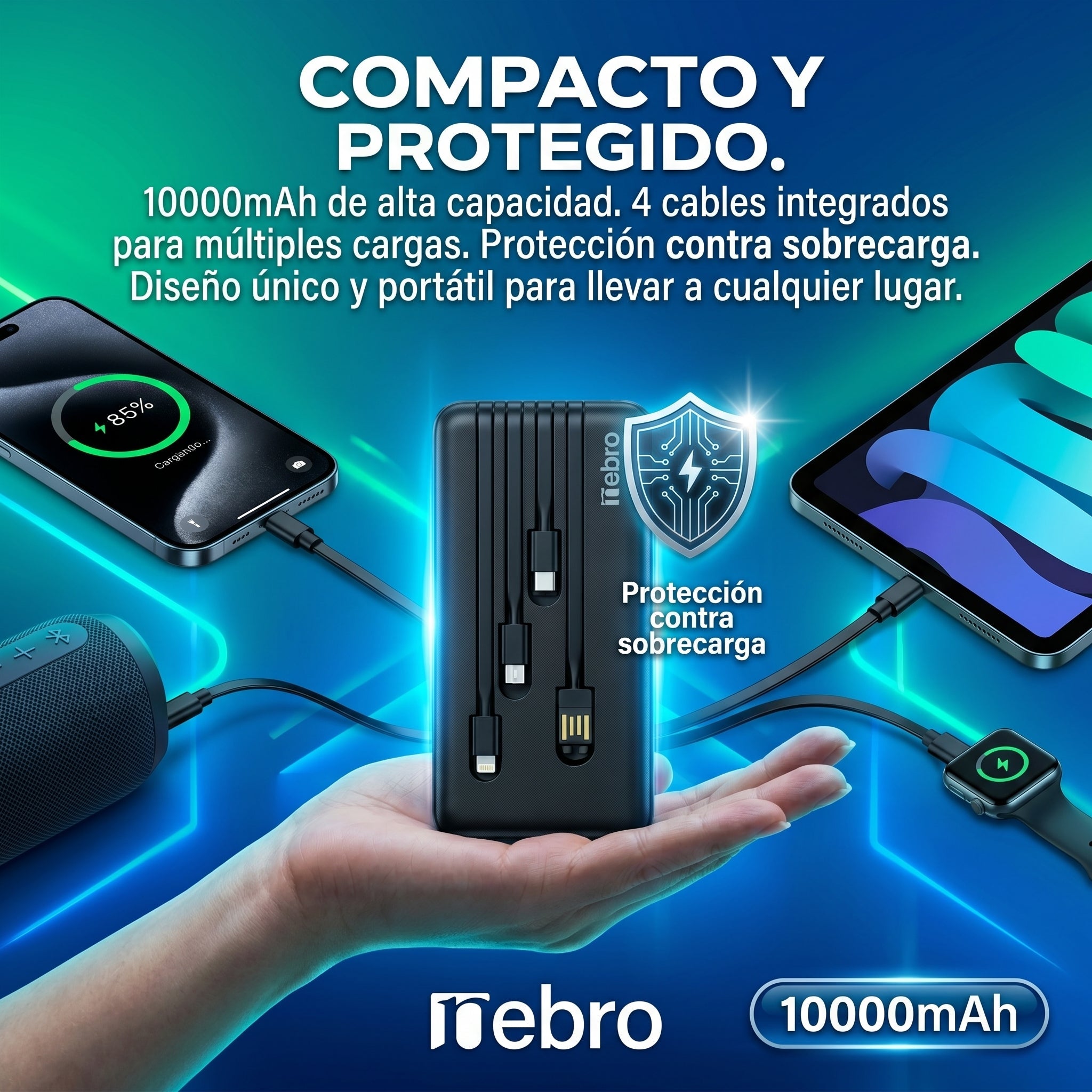 Power Bank Nebro WB-014 10000mAh Batería Portátil con 4 Cables Integrados V8 Tipo-C Lightning y USB Carga Rápida 5V-2A Diseño Compacto y Ligero - Imagen 4