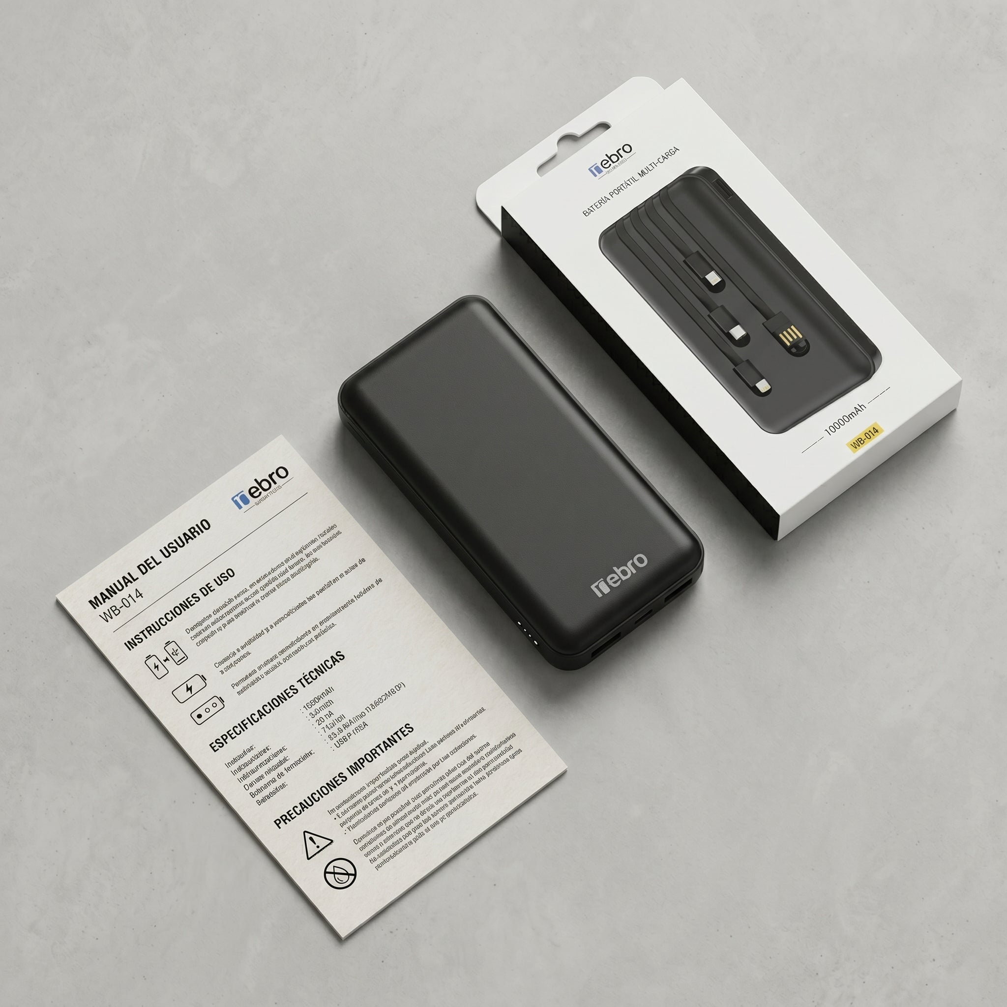 Power Bank Nebro WB-014 10000mAh Batería Portátil con 4 Cables Integrados V8 Tipo-C Lightning y USB Carga Rápida 5V-2A Diseño Compacto y Ligero - Imagen 6