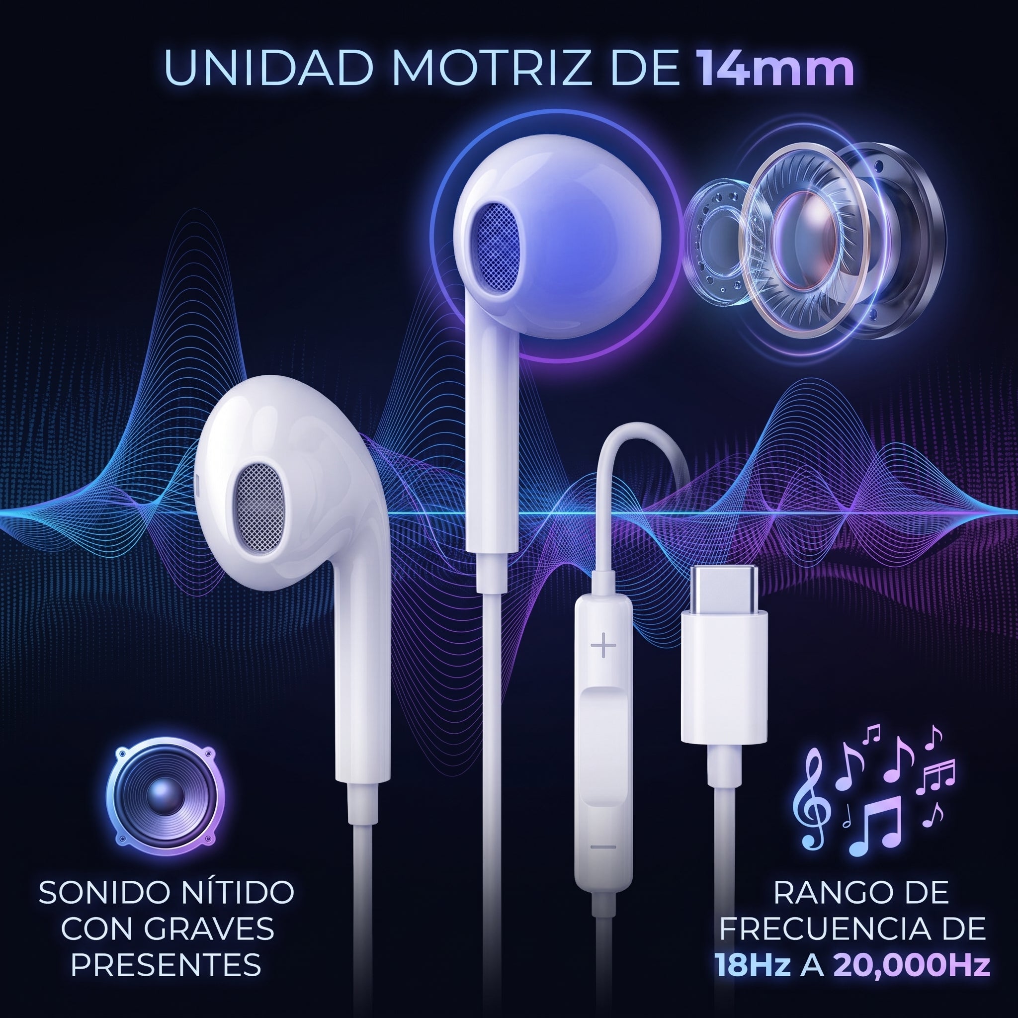 Audífonos Tipo-C Nebro WJ-005 con Driver de 14mm Sonido HiFi - Imagen 2