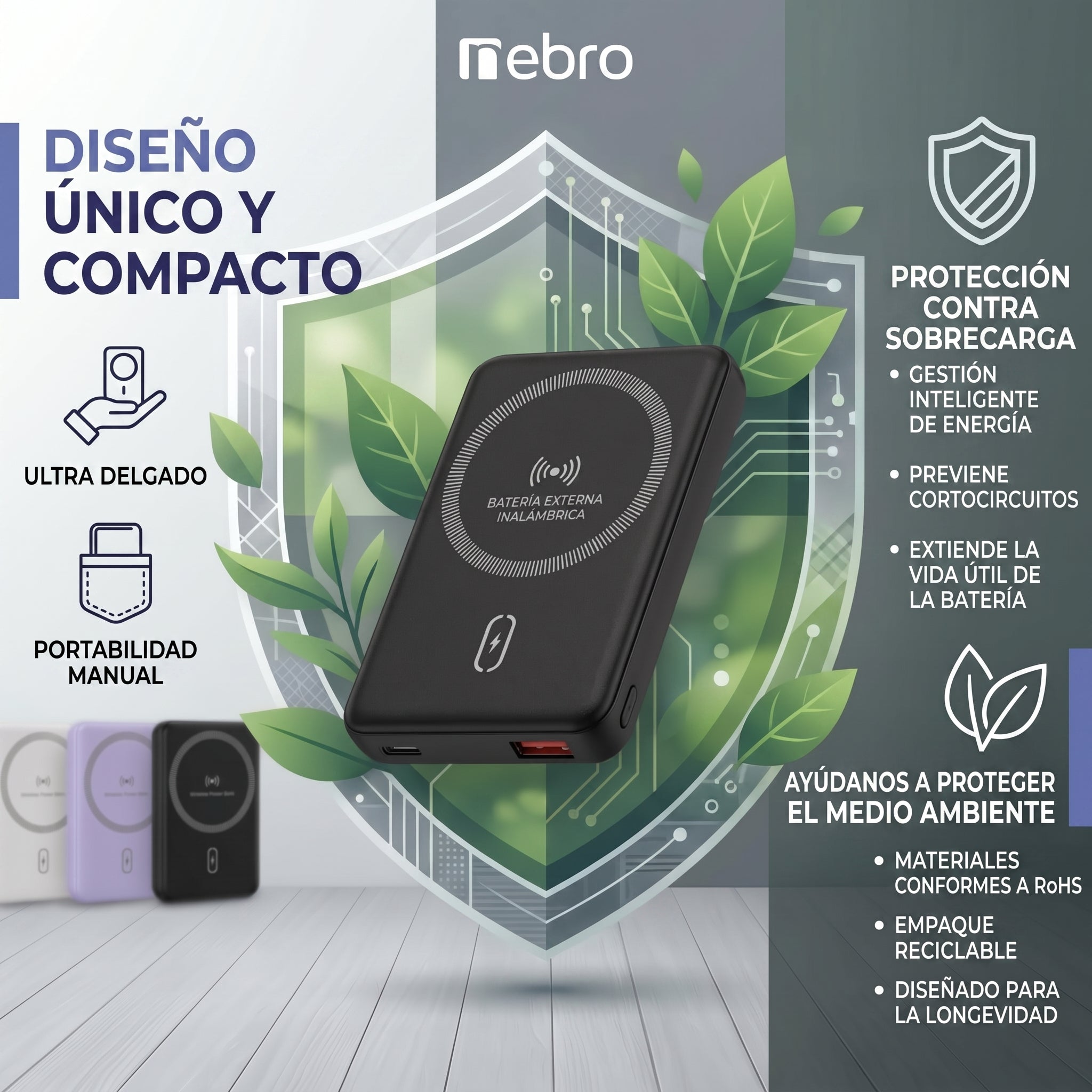 Power Bank Bateria Portátil NEBRO WB-018 5000mAh Carga Rápida PD 22.5W - Imagen 2