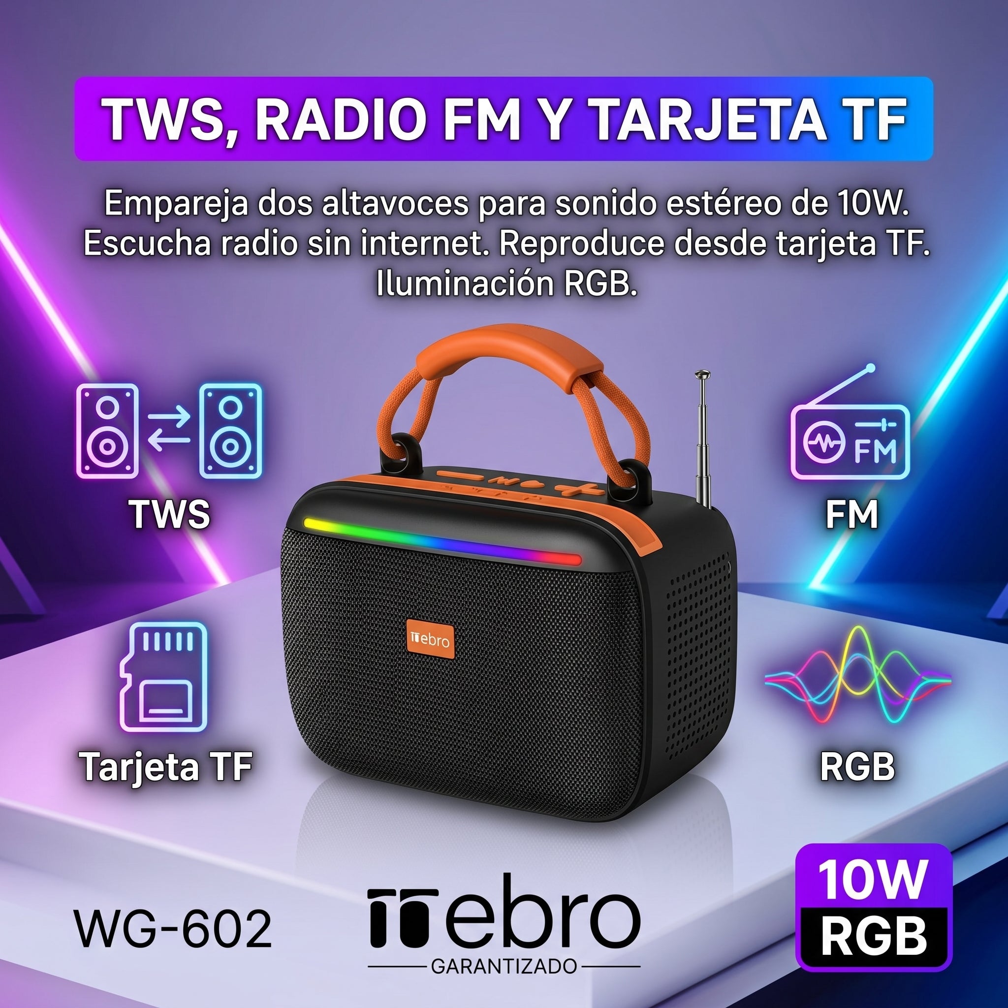 Bocina Bluetooth RGB Solar NEBRO WG602 10W TWS Radio FM Tarjeta TF - Imagen 3