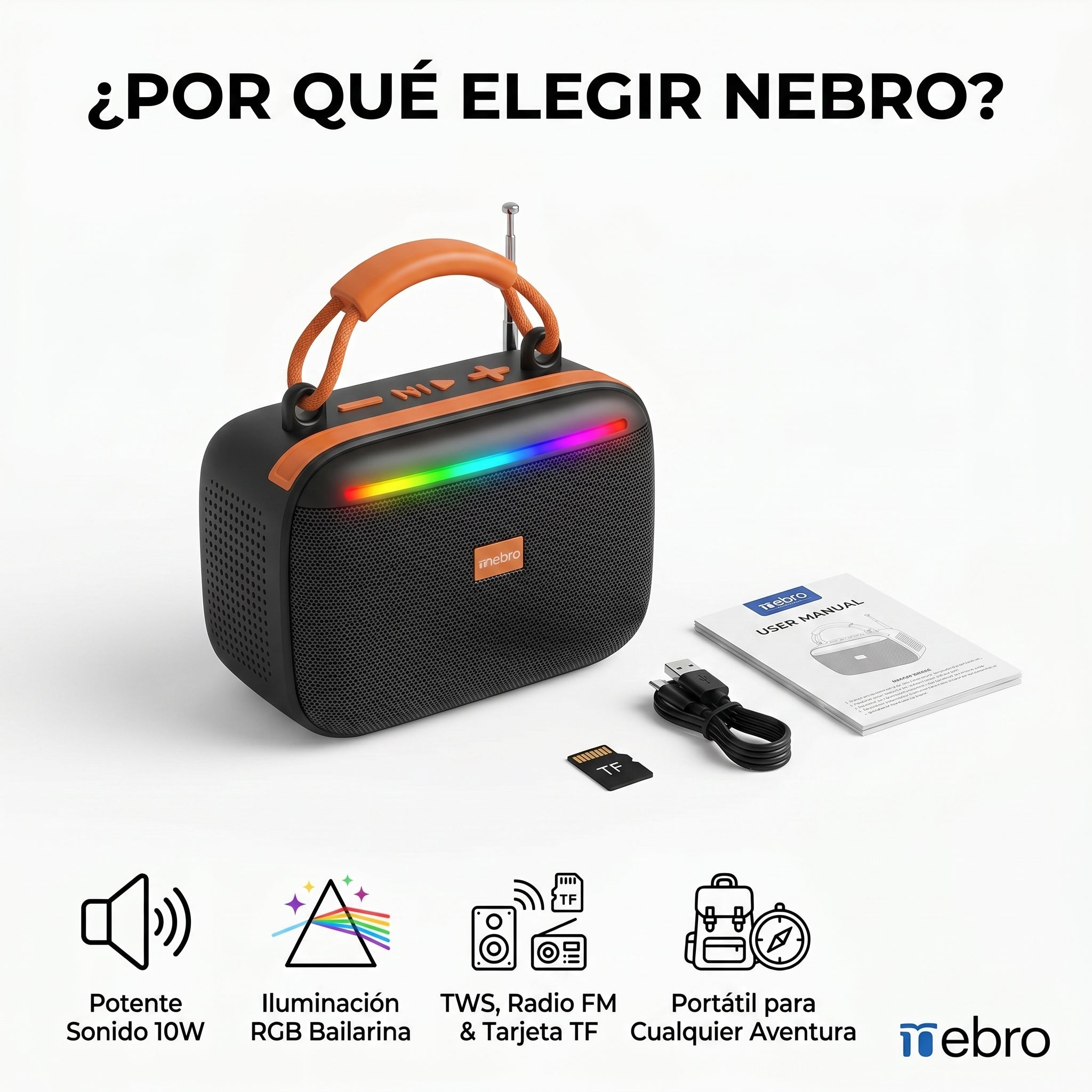 Bocina Bluetooth RGB Solar NEBRO WG602 10W TWS Radio FM Tarjeta TF - Imagen 7