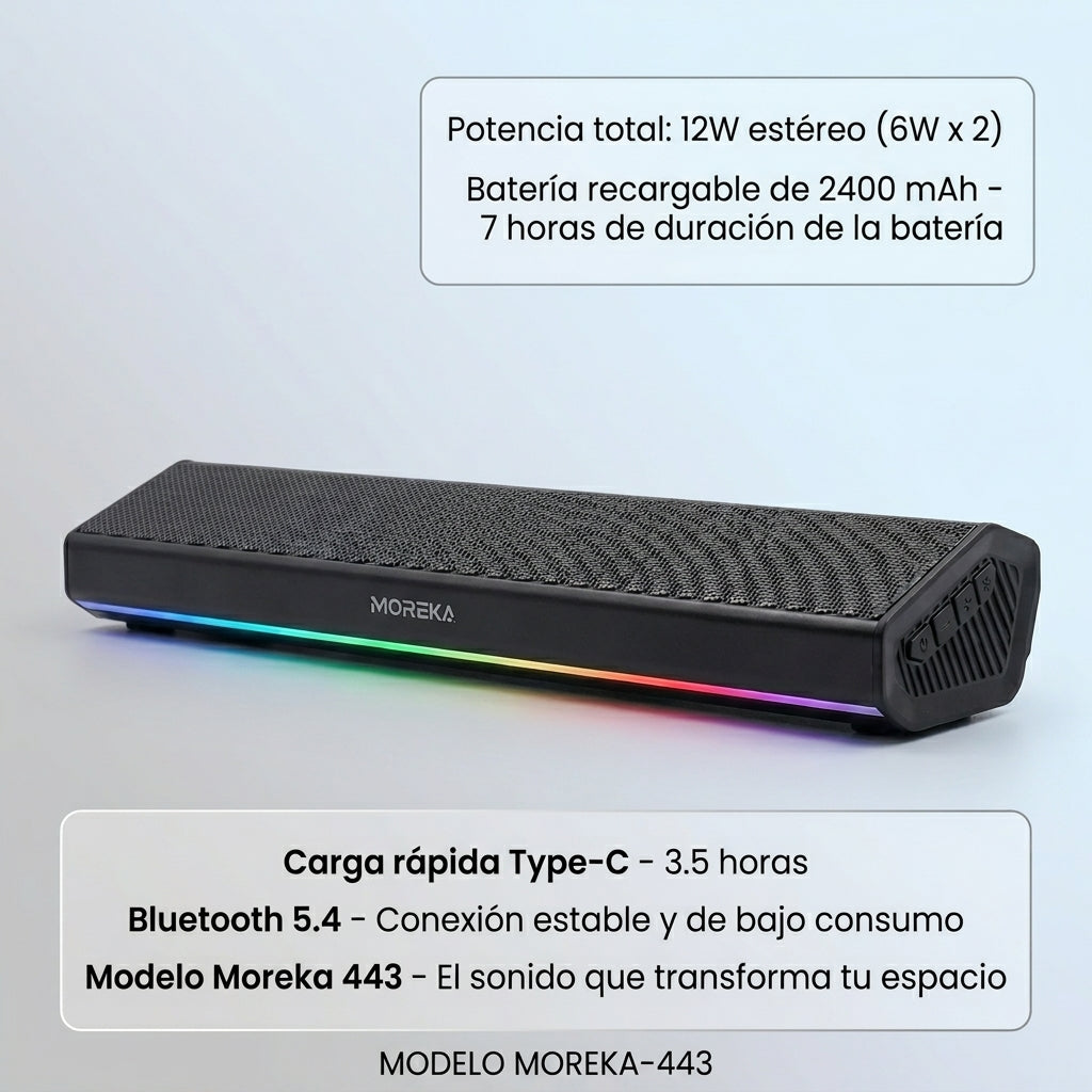 Bocina Moreka 443 12W Batería 3.7V / 2400mAh TWS Estéreo tipo barra - Imagen 6
