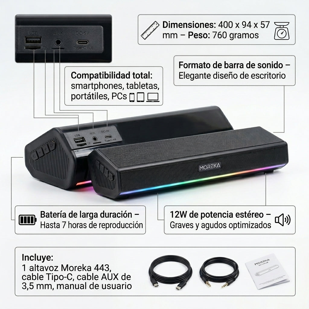 Bocina Moreka 443 12W Batería 3.7V / 2400mAh TWS Estéreo tipo barra - Imagen 8
