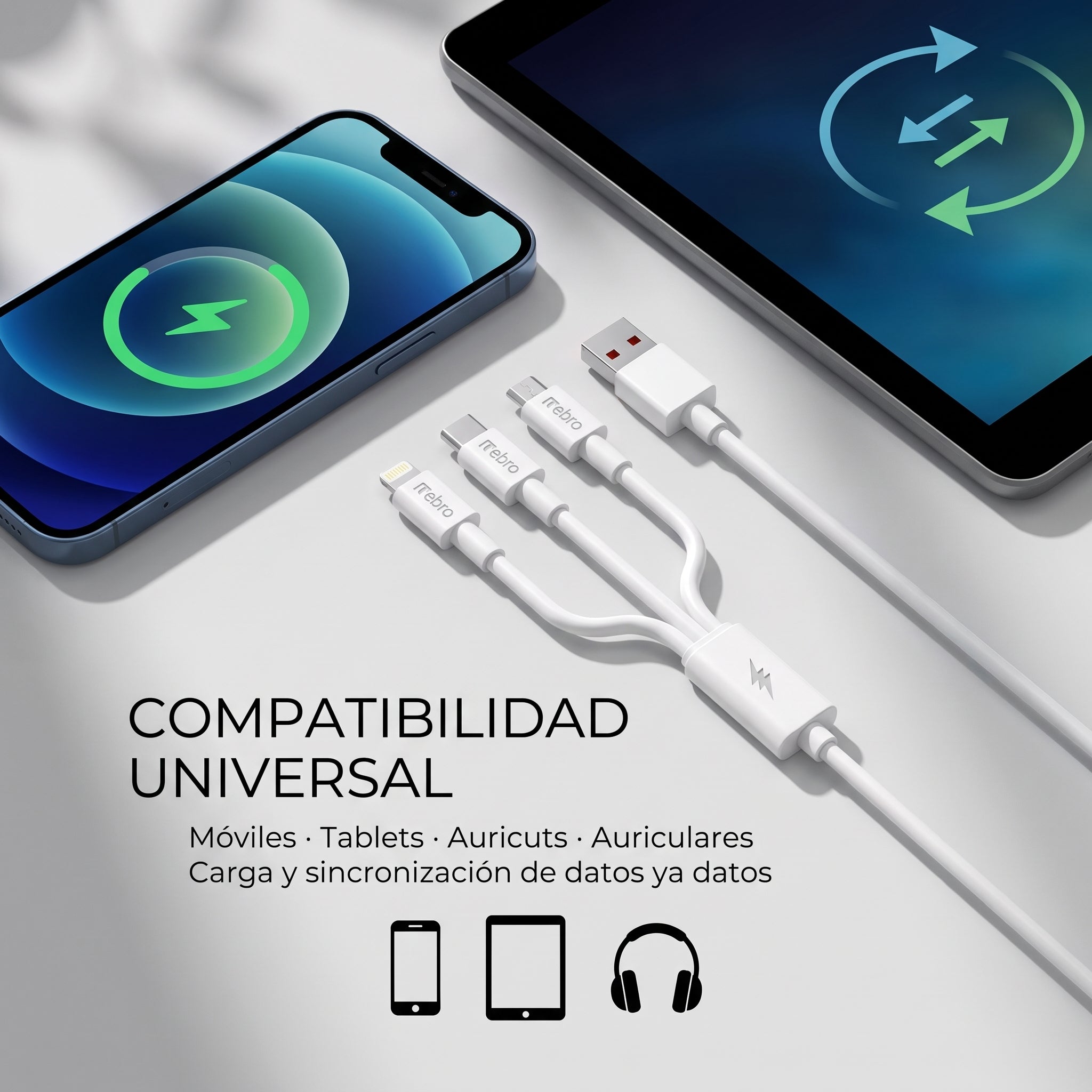 Cable 3 en 1 Nebro WD-013 V8, Lightning y Tipo C - Imagen 3