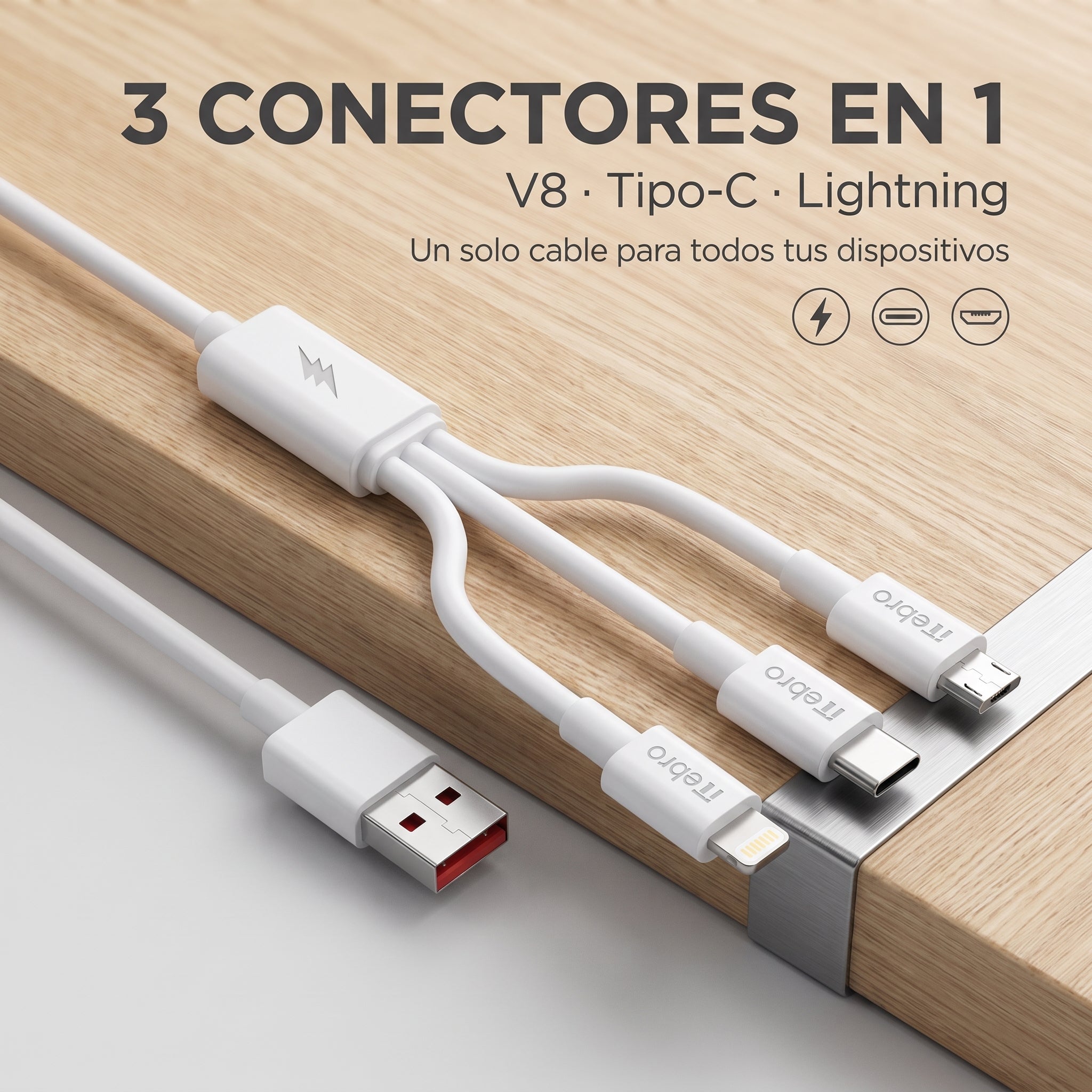 Cable 3 en 1 Nebro WD-013 V8, Lightning y Tipo C - Imagen 4