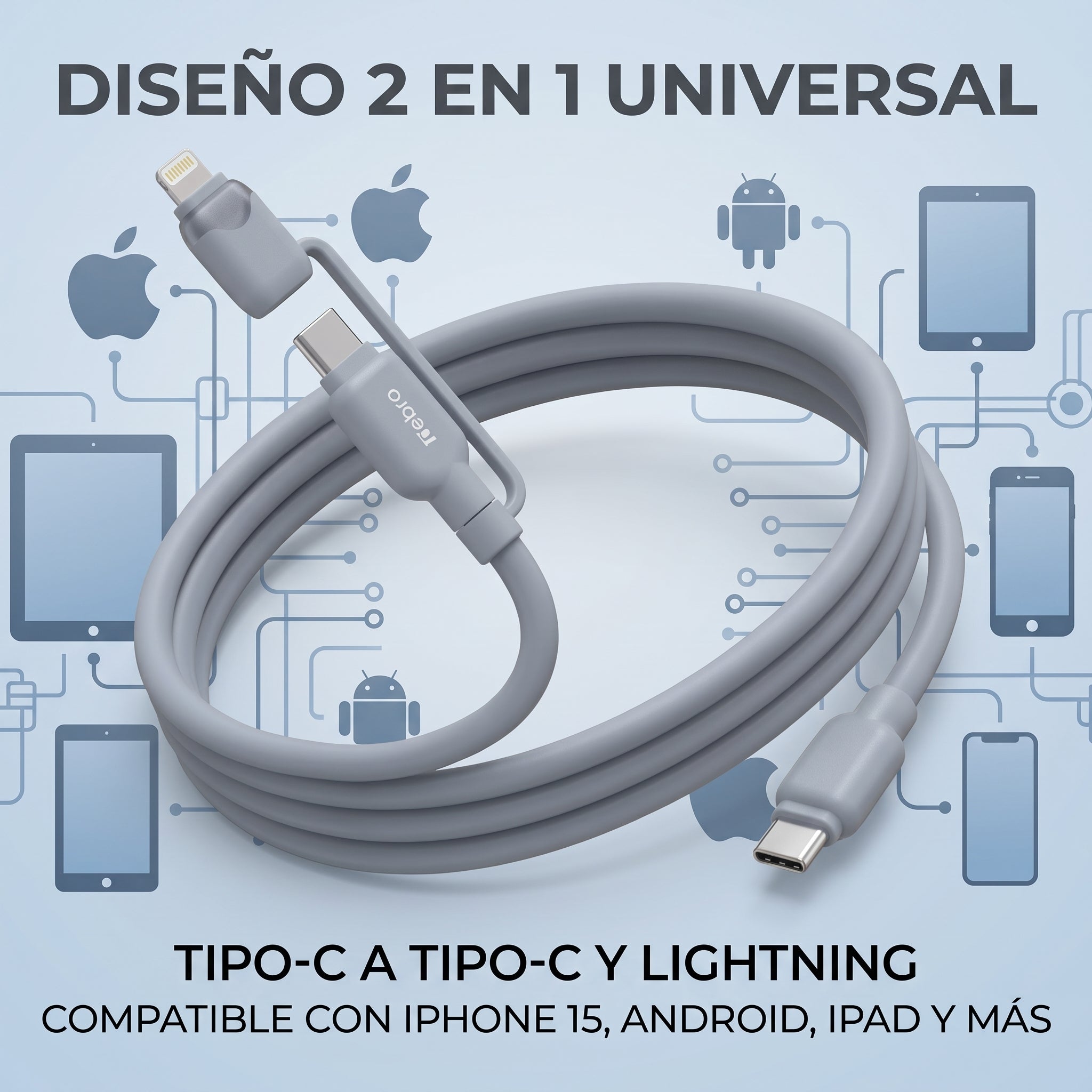 Cable 2 en 1 Tipo-C a Tipo-C y Lightning Nebro WD-319 Carga Universal - Imagen 2