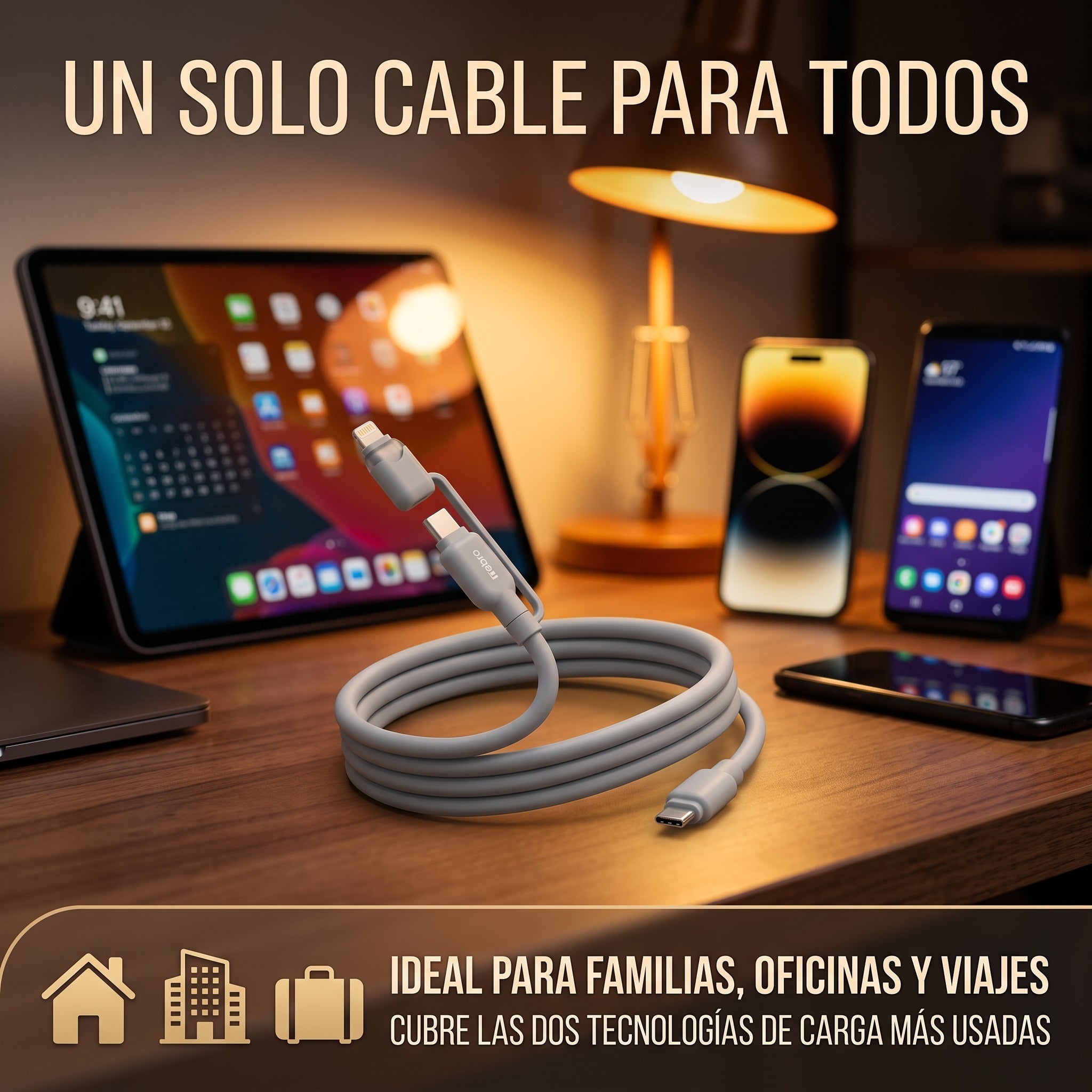 Cable 2 en 1 Tipo-C a Tipo-C y Lightning Nebro WD-319 Carga Universal - Imagen 3